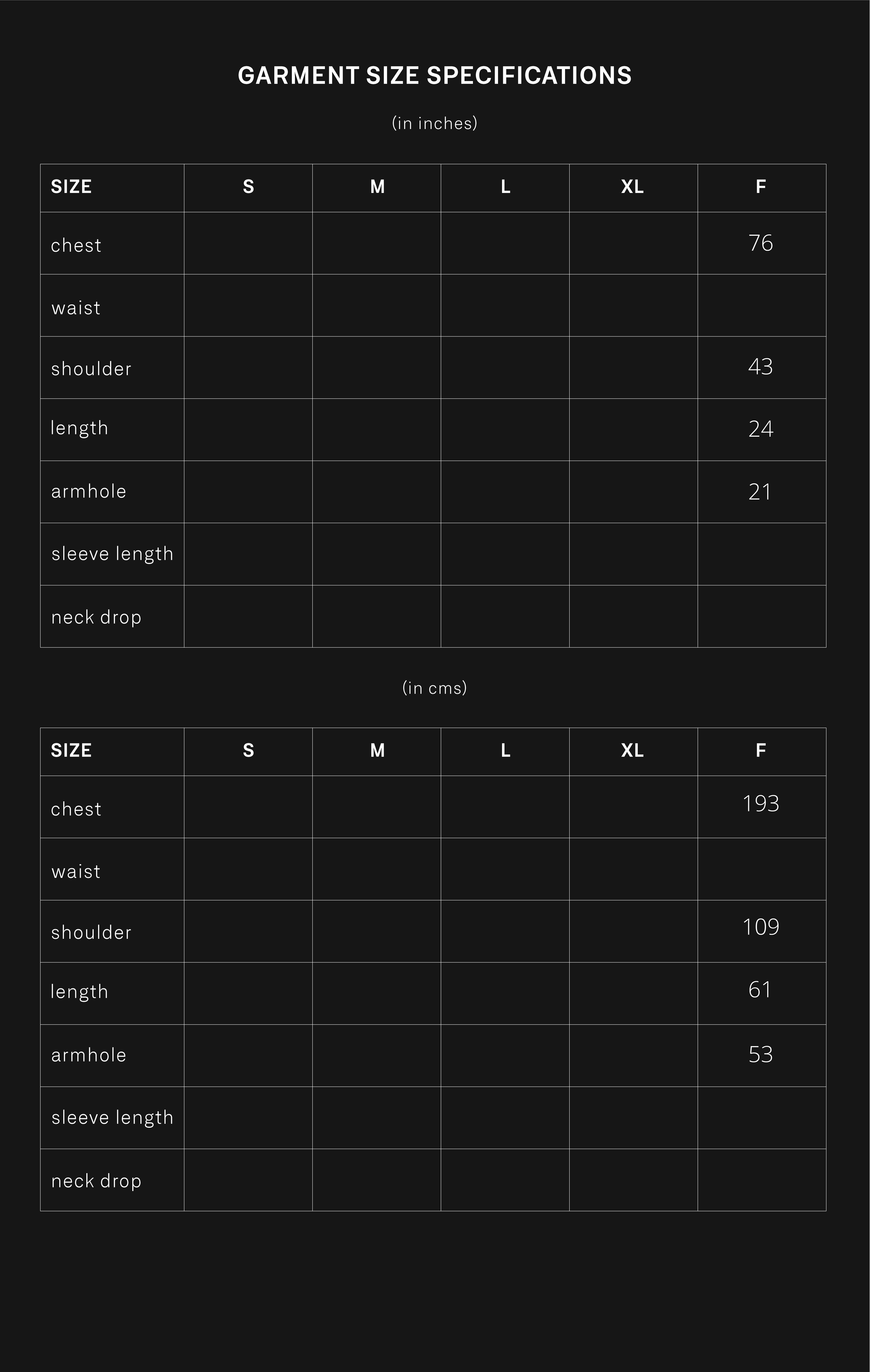 product size chart