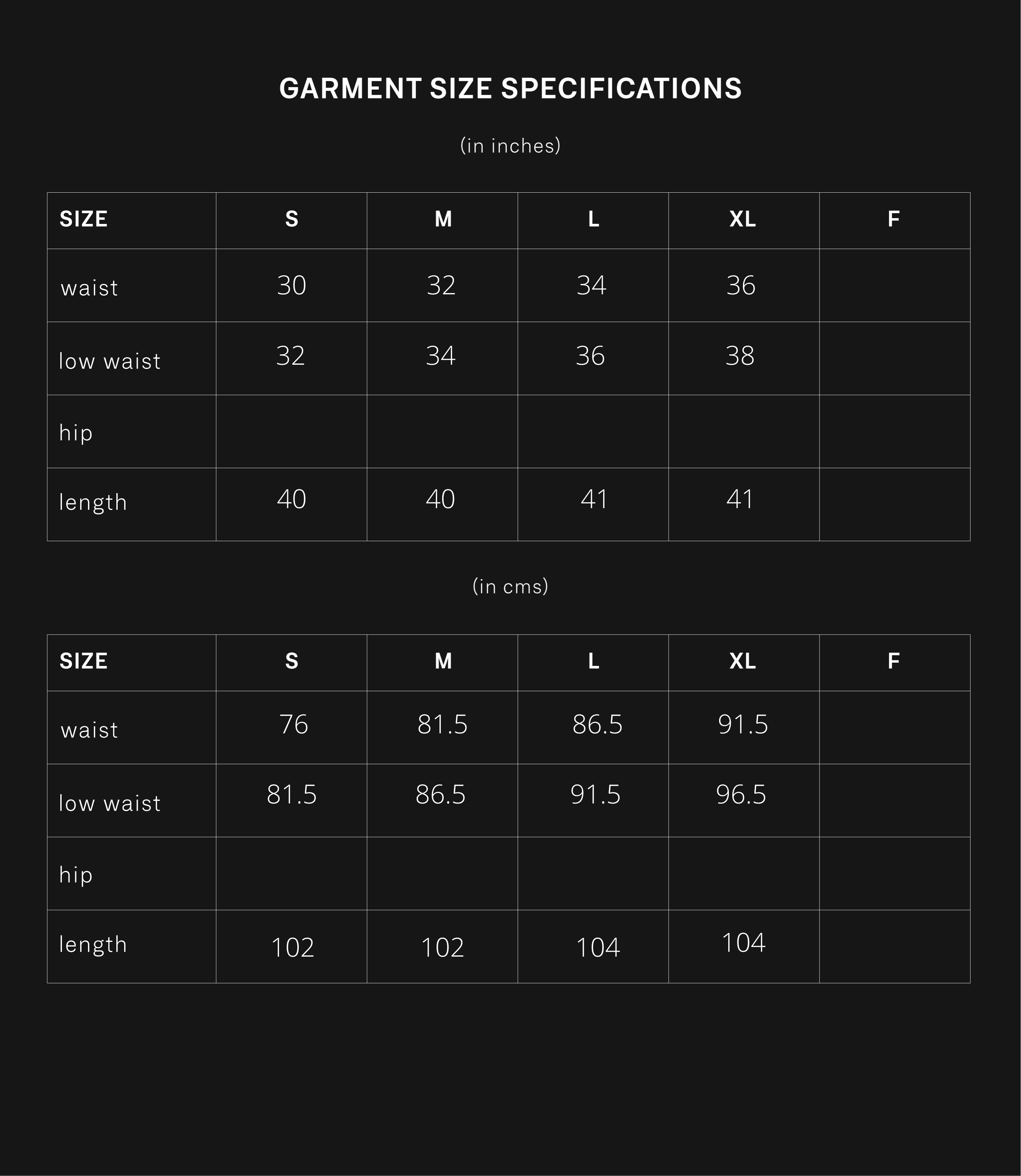 product size chart