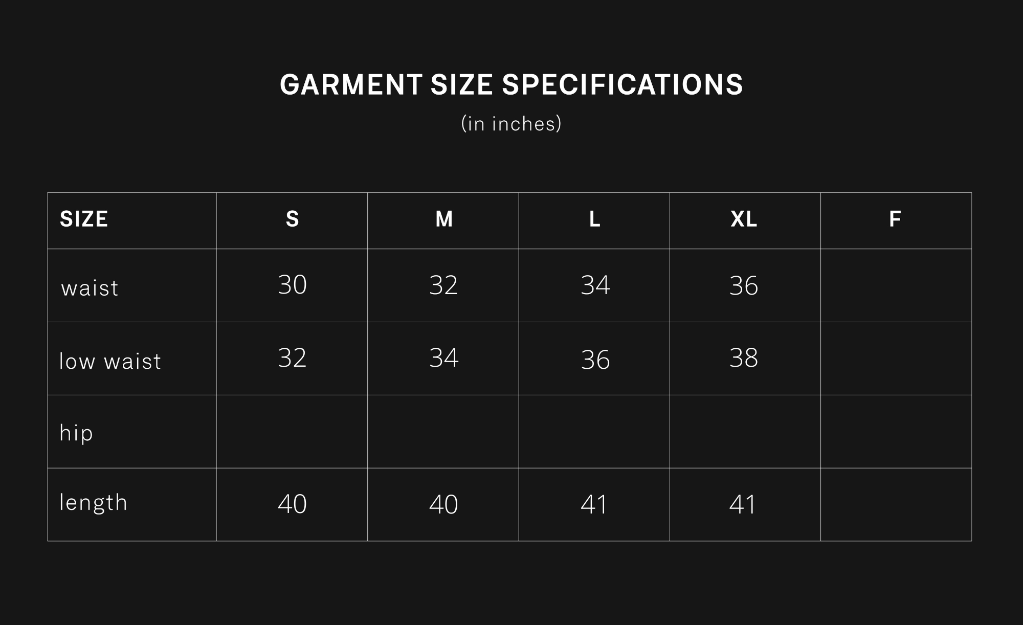 product size chart