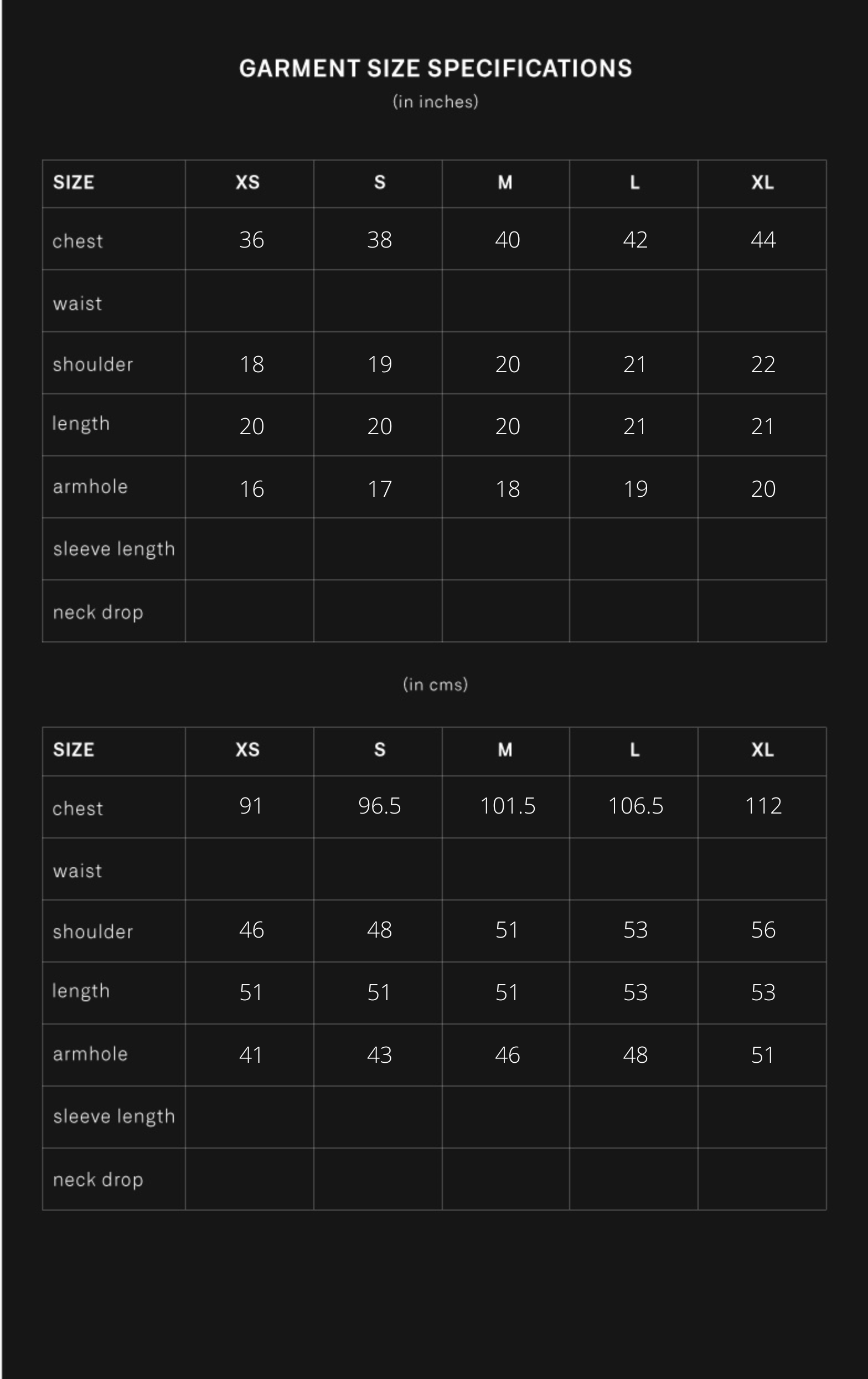 product size chart