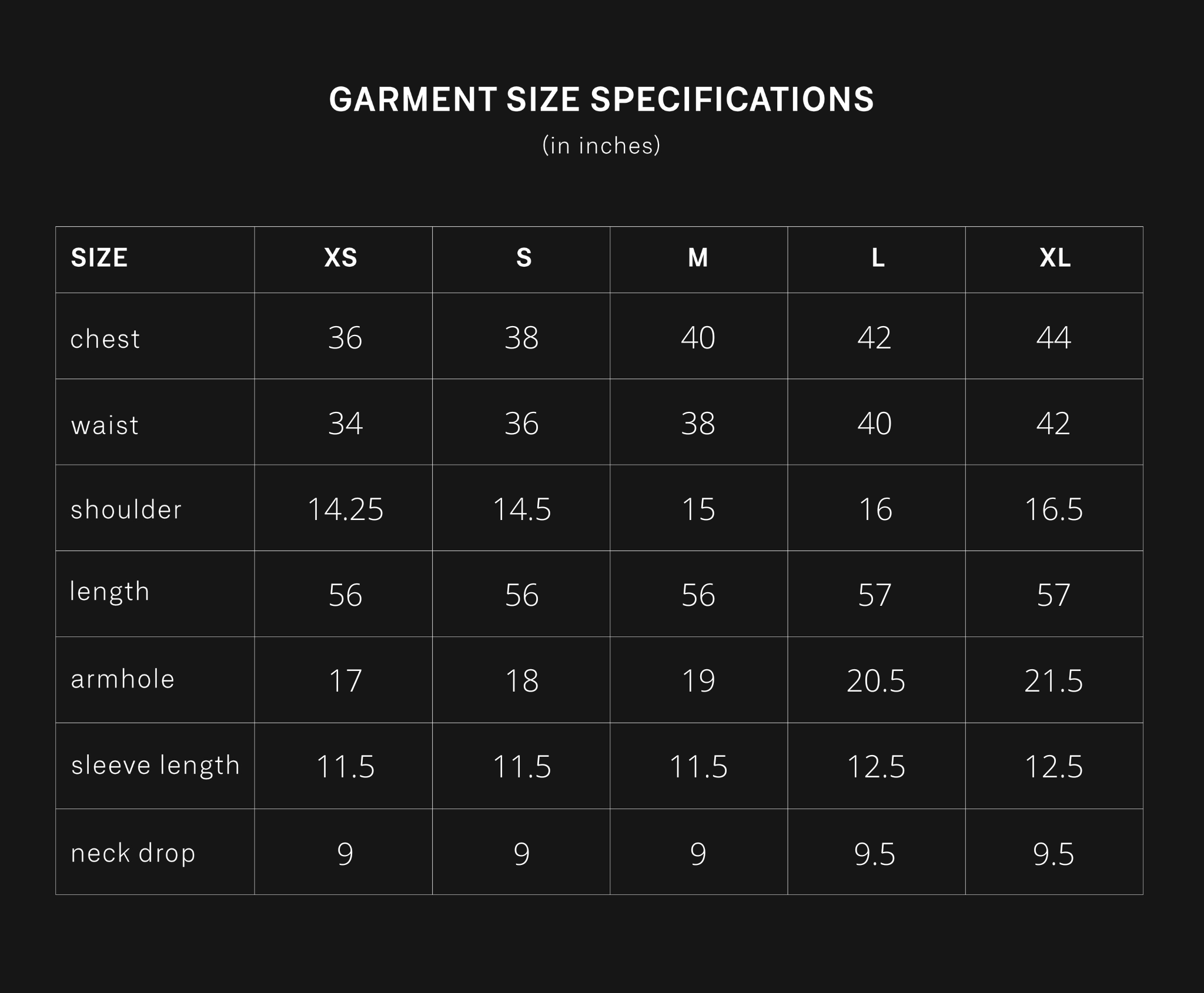 product size chart