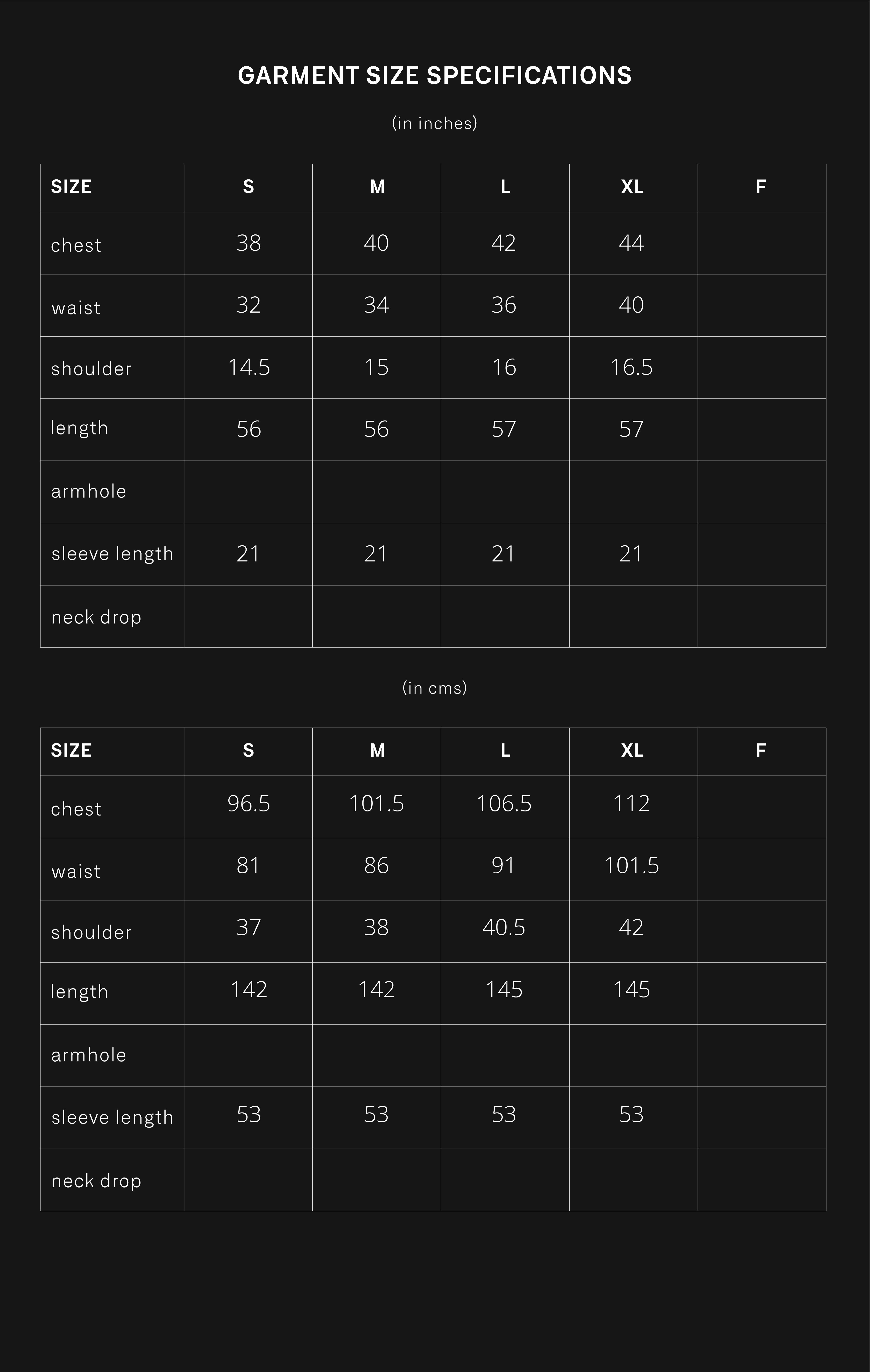 product size chart