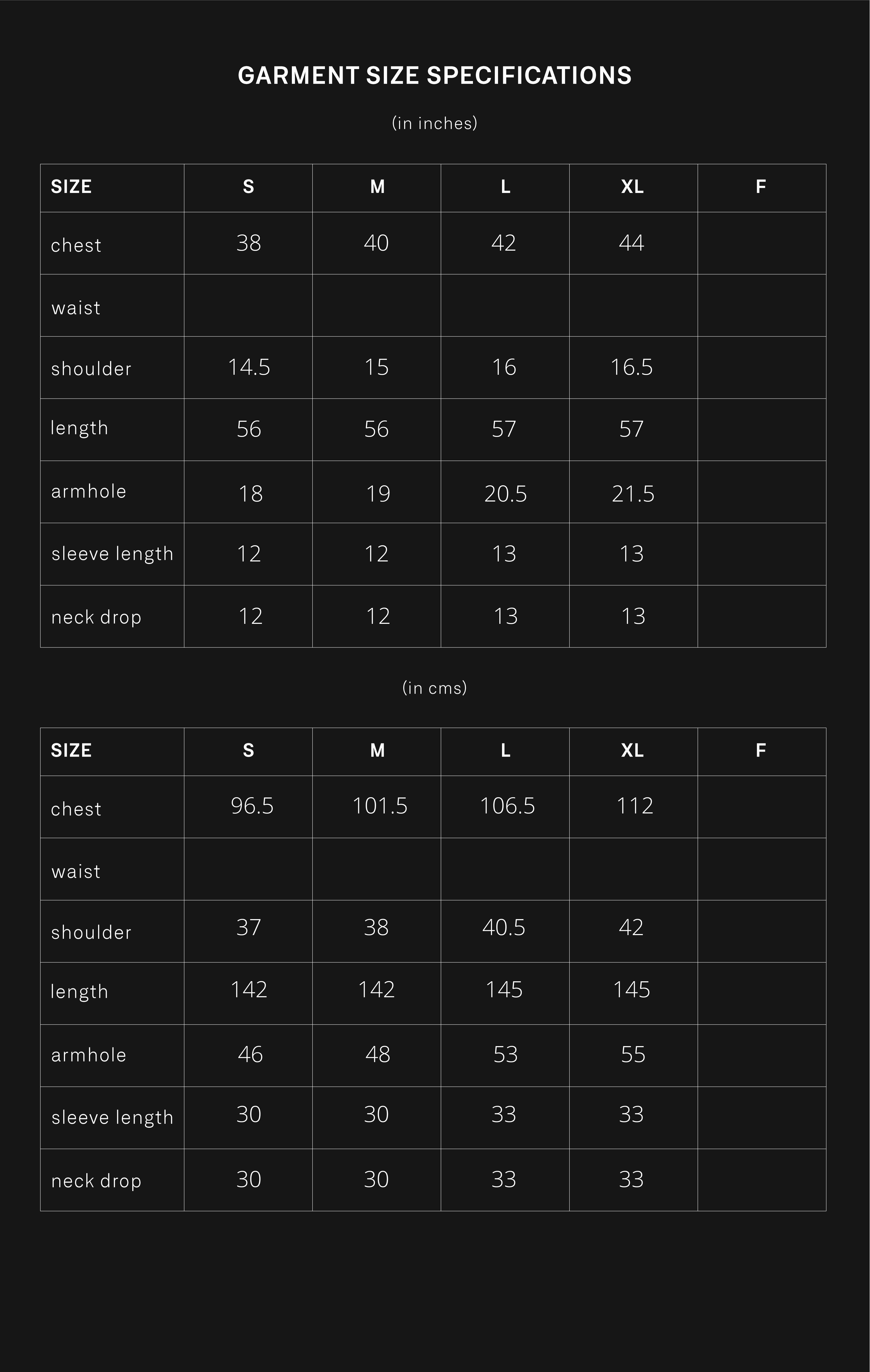 product size chart