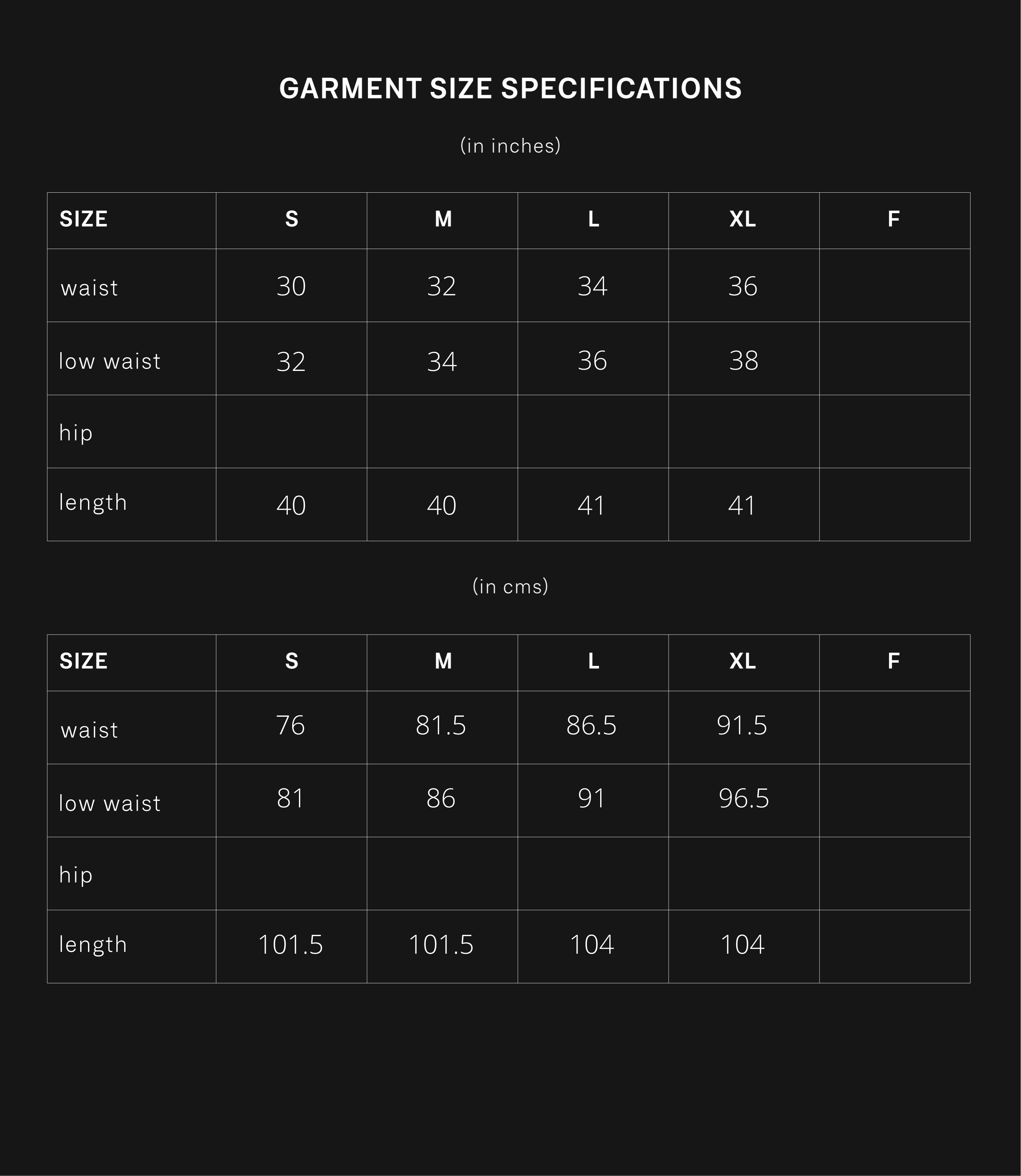 product size chart