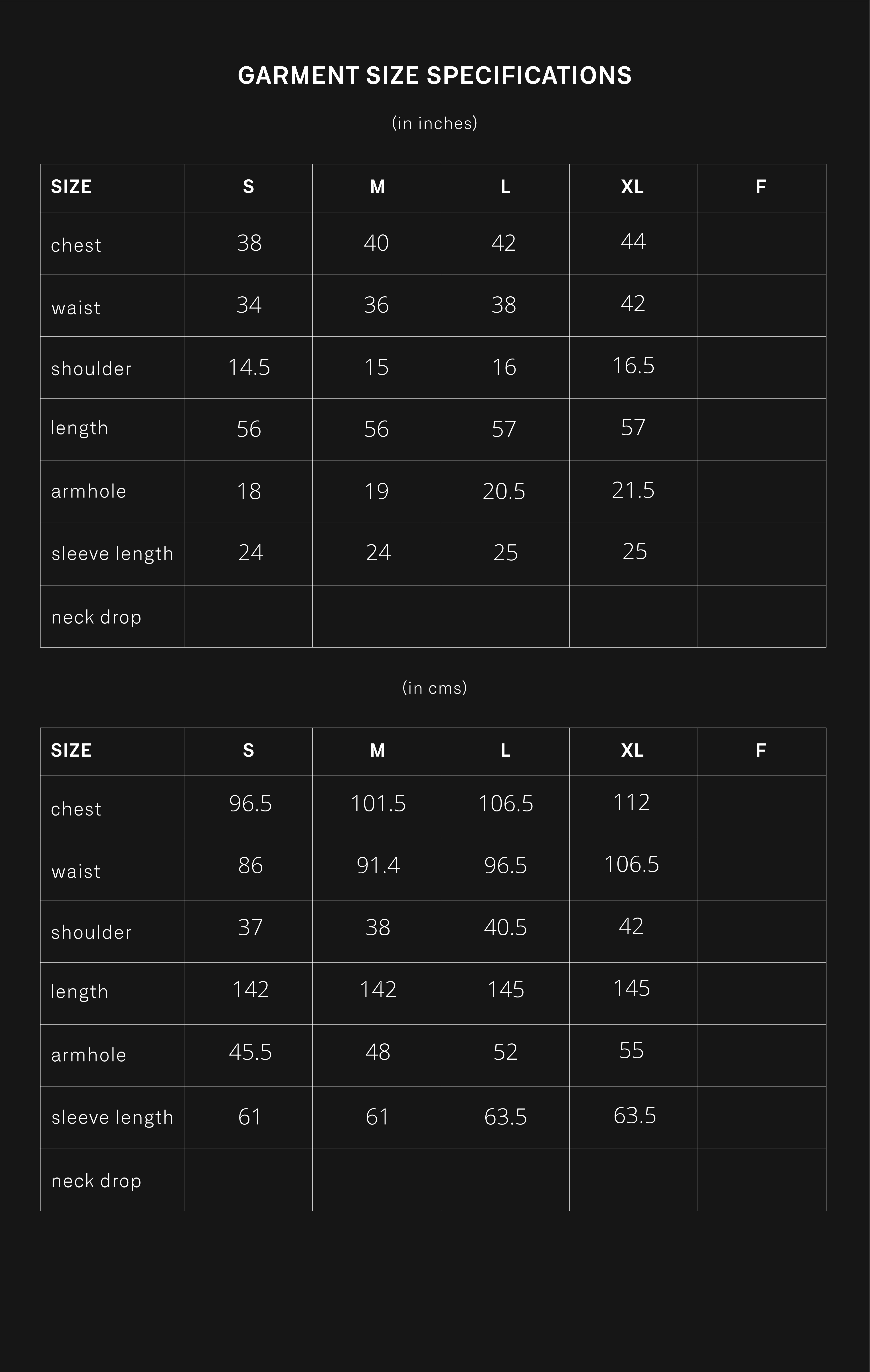 product size chart
