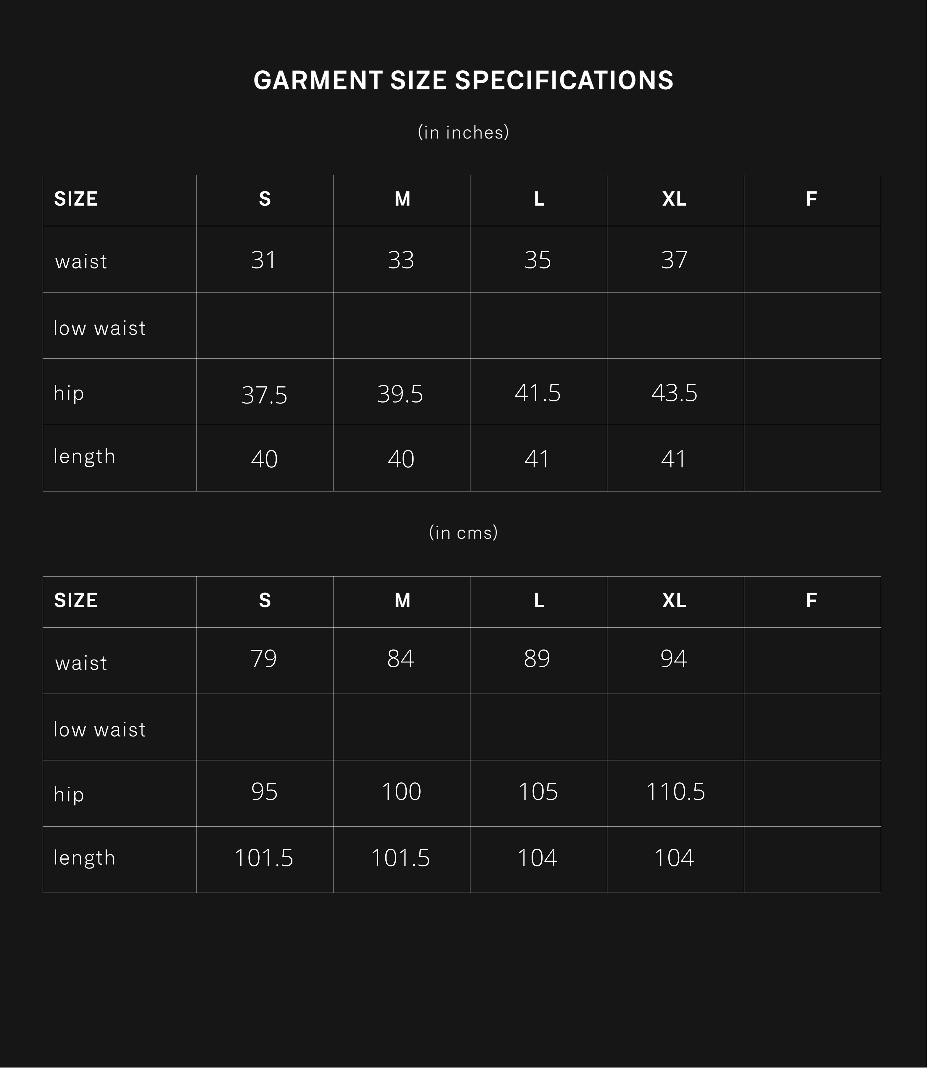 product size chart