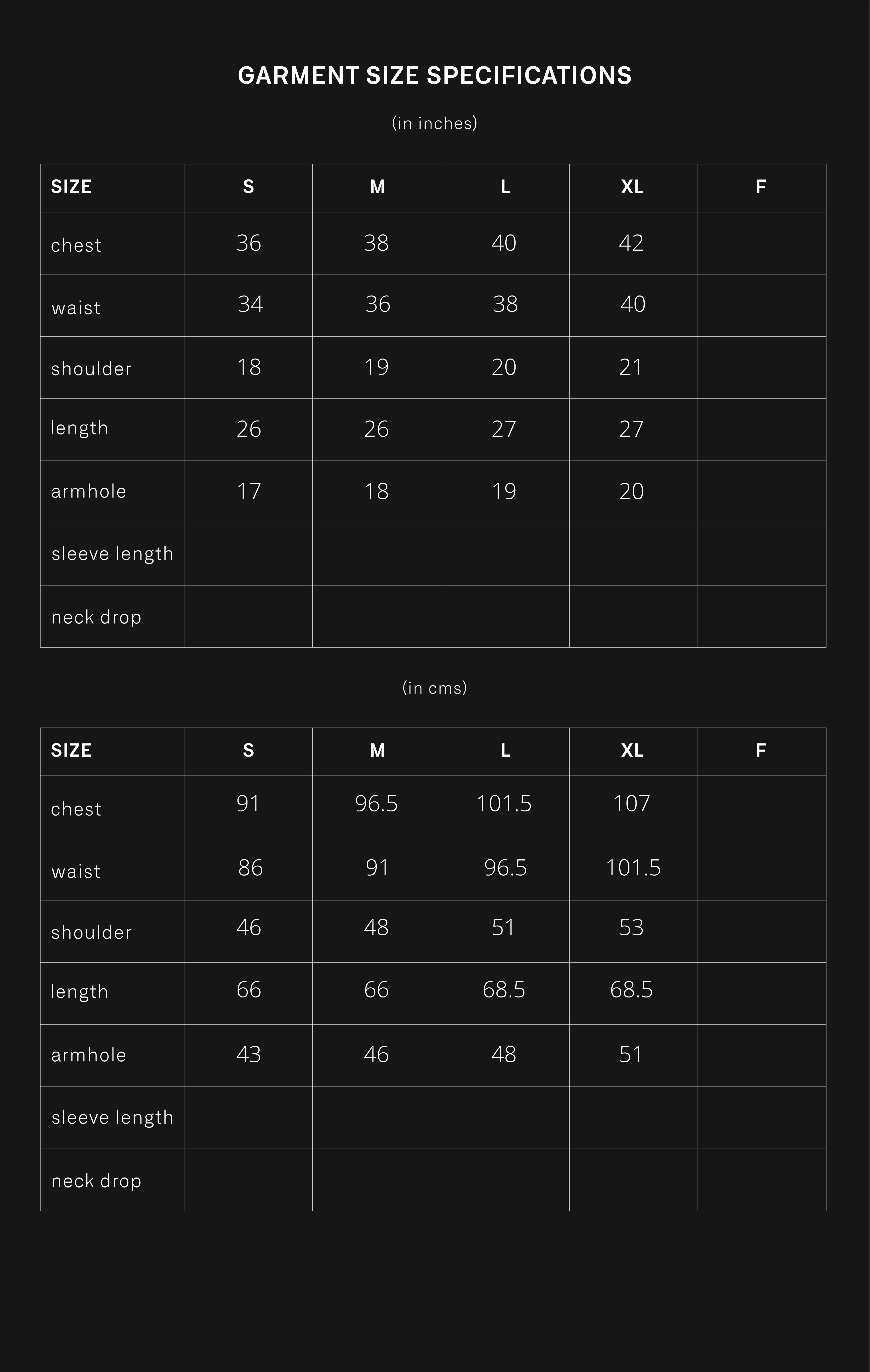 product size chart