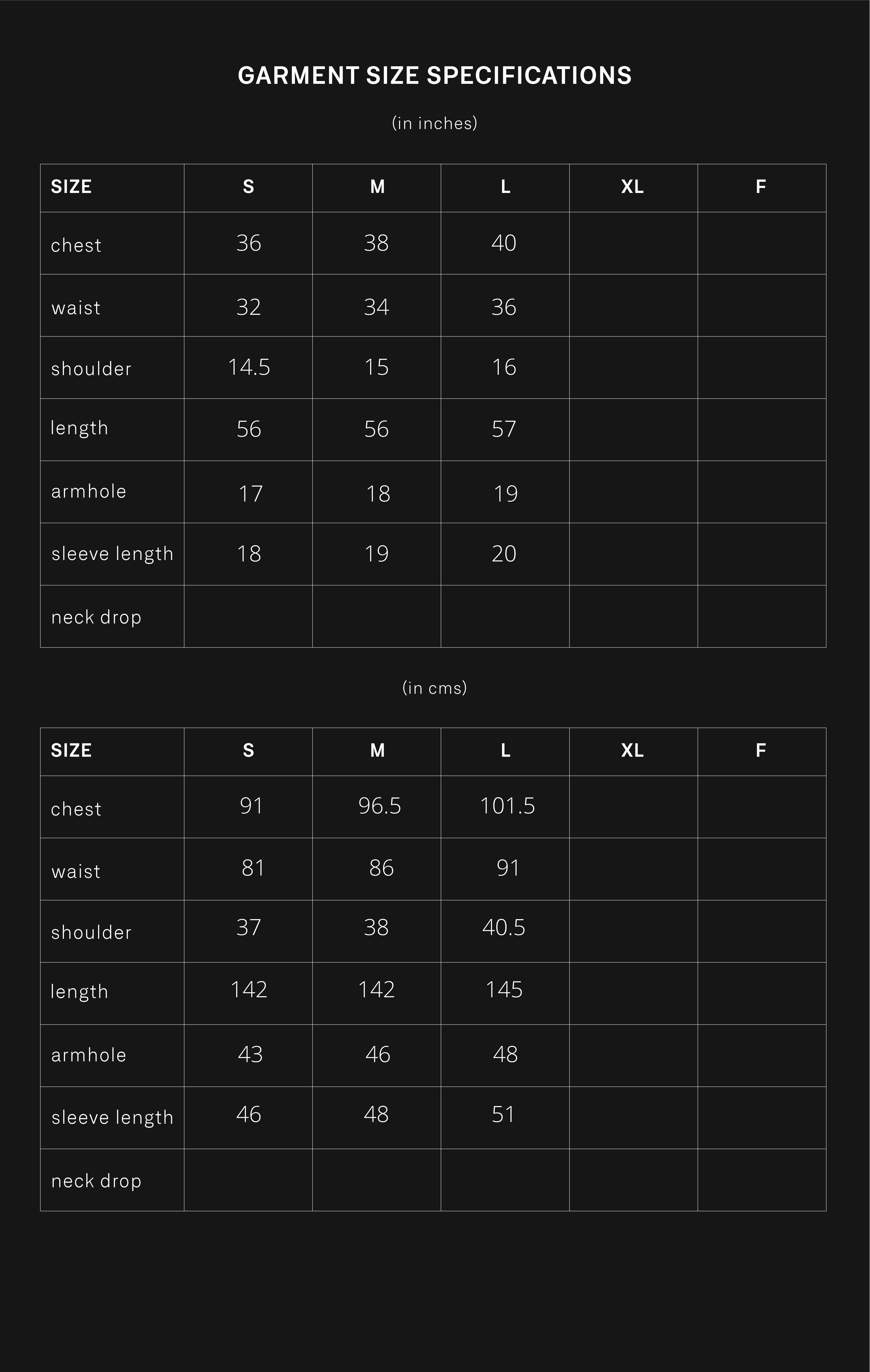 product size chart