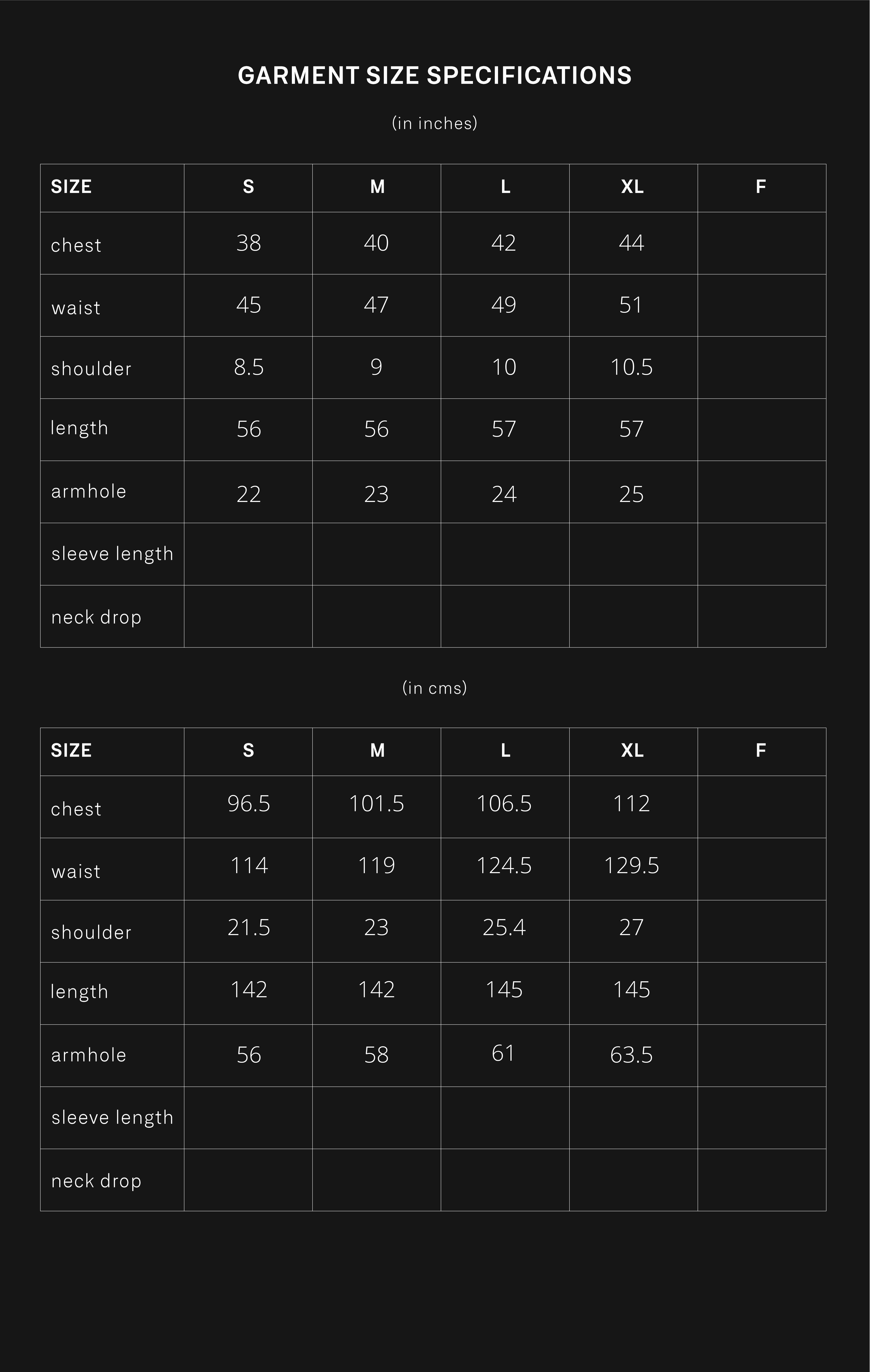 product size chart