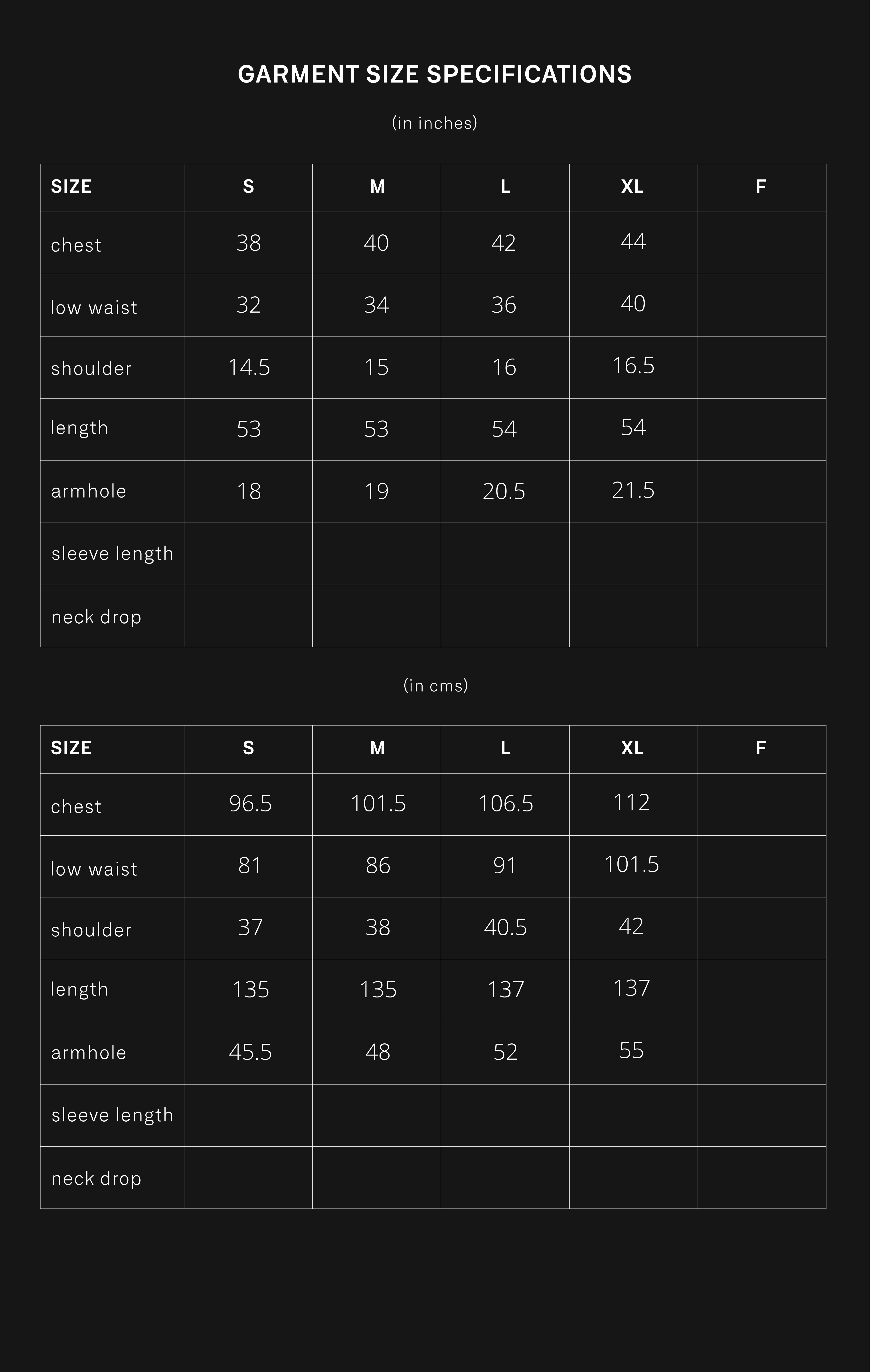 product size chart