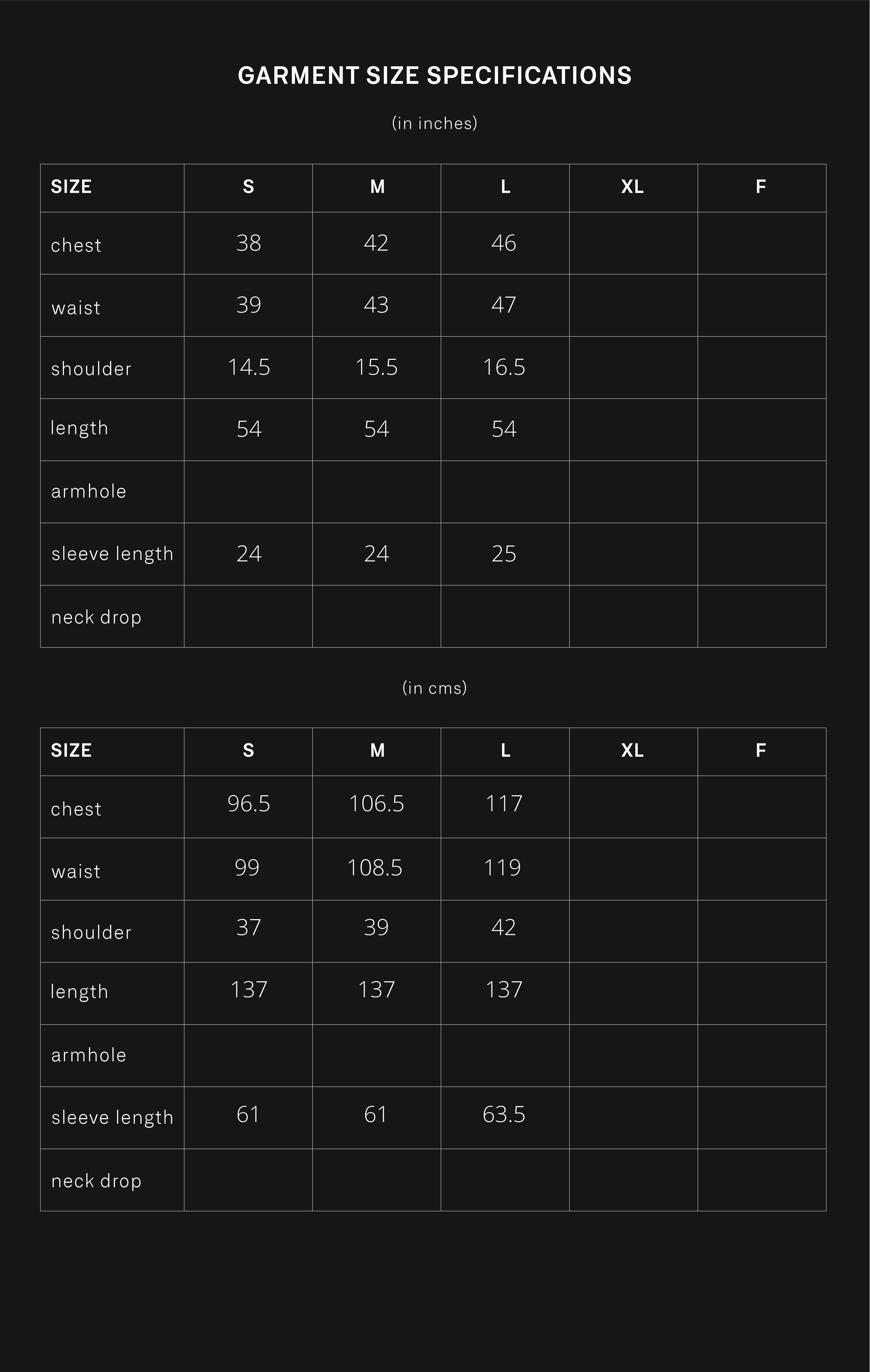 product size chart