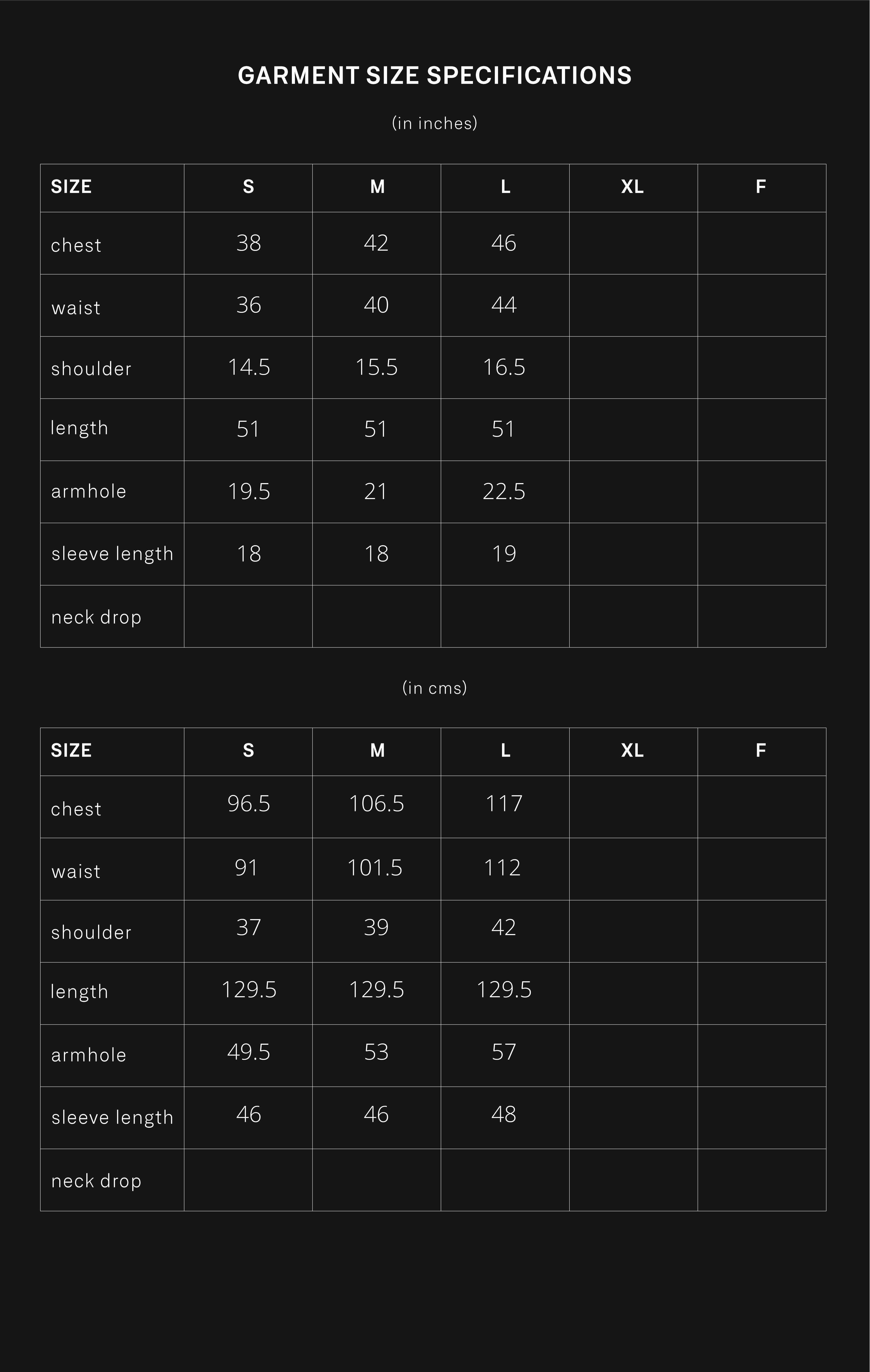 product size chart