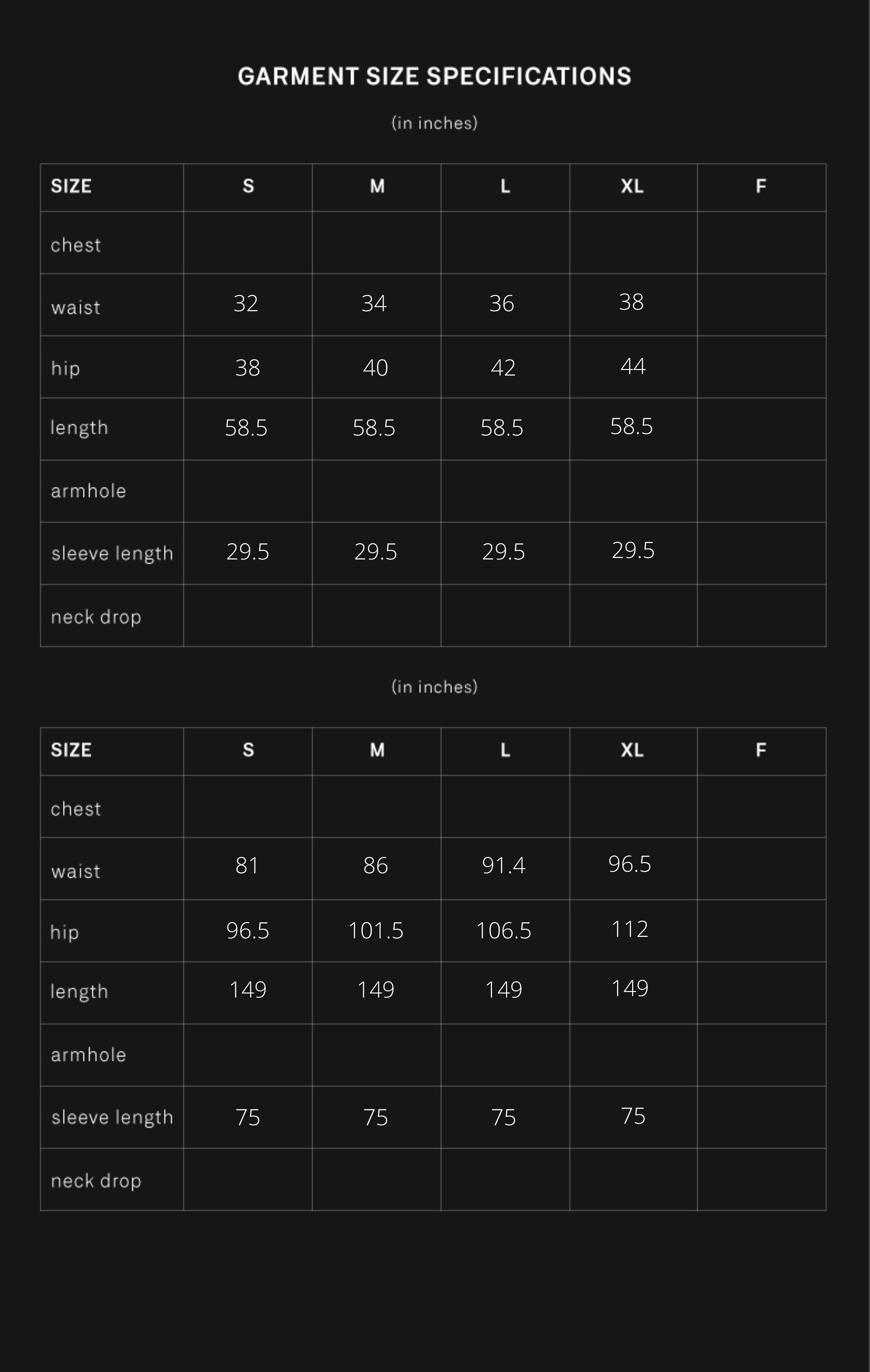 product size chart