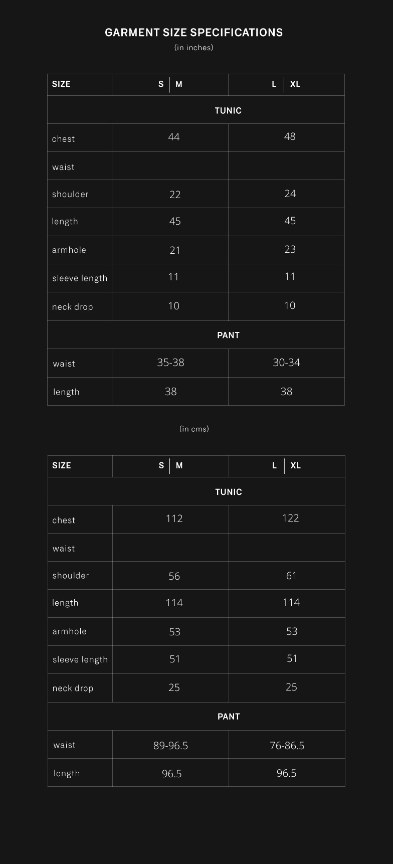product size chart