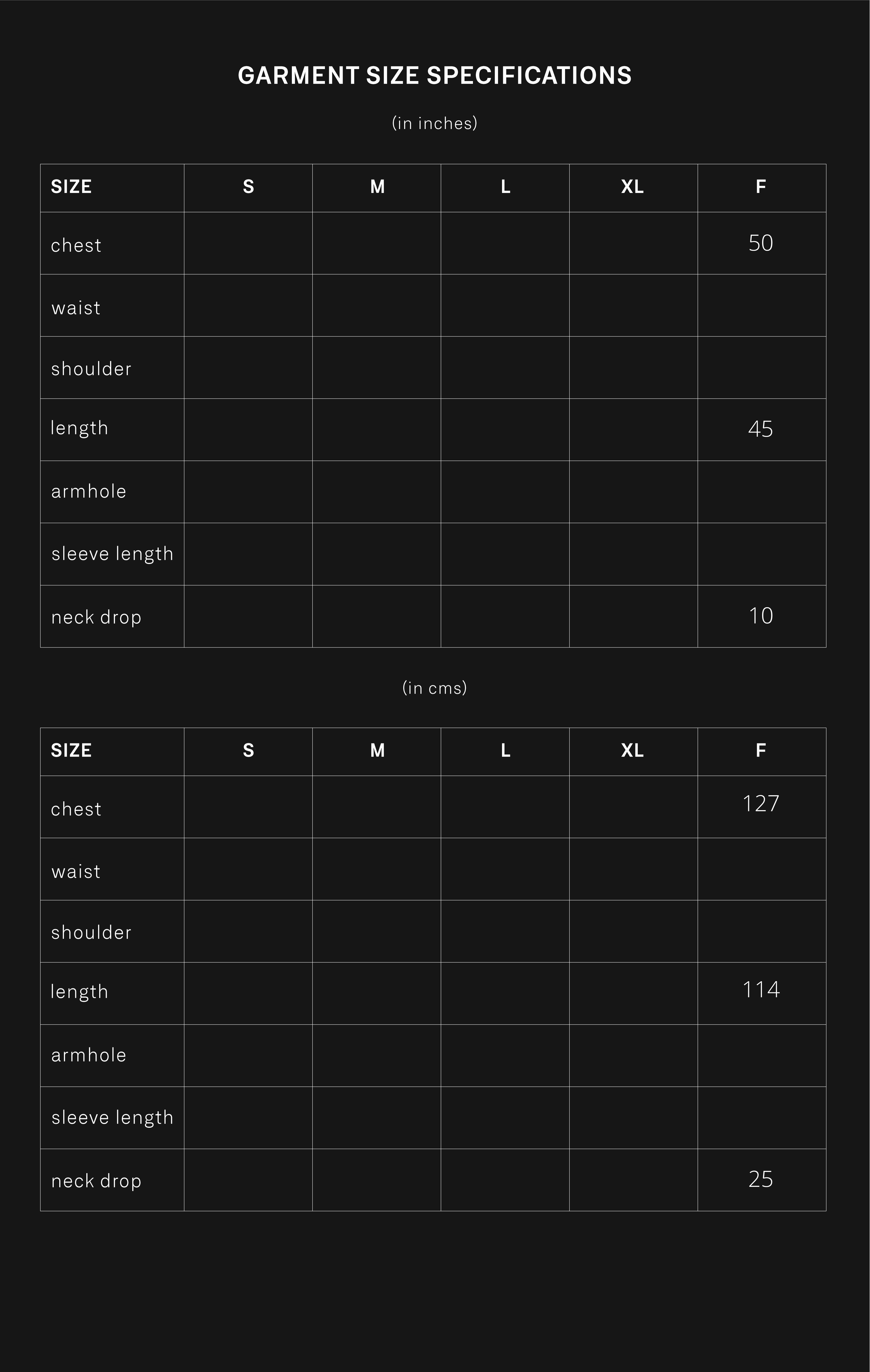 product size chart