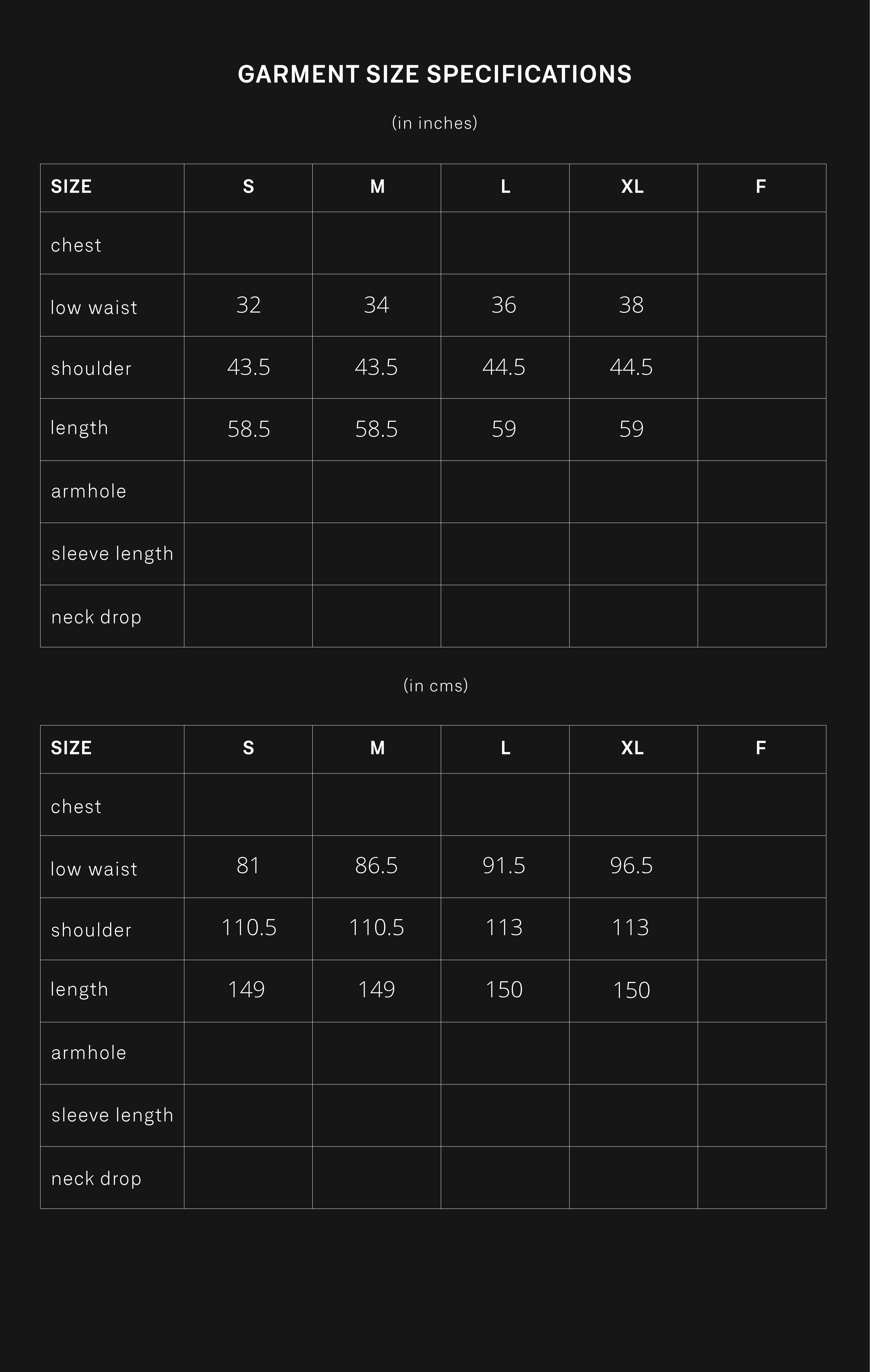 product size chart