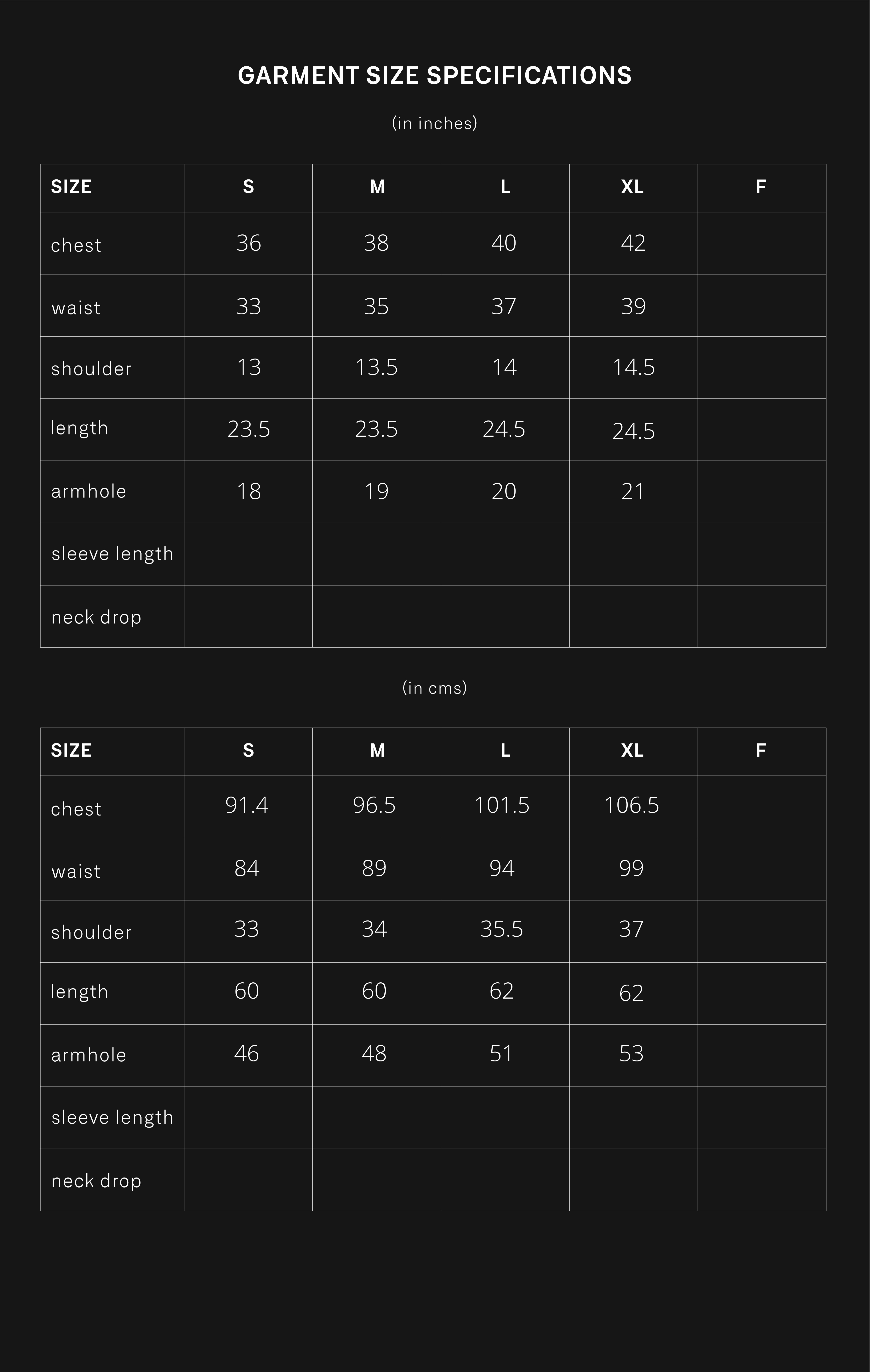 product size chart