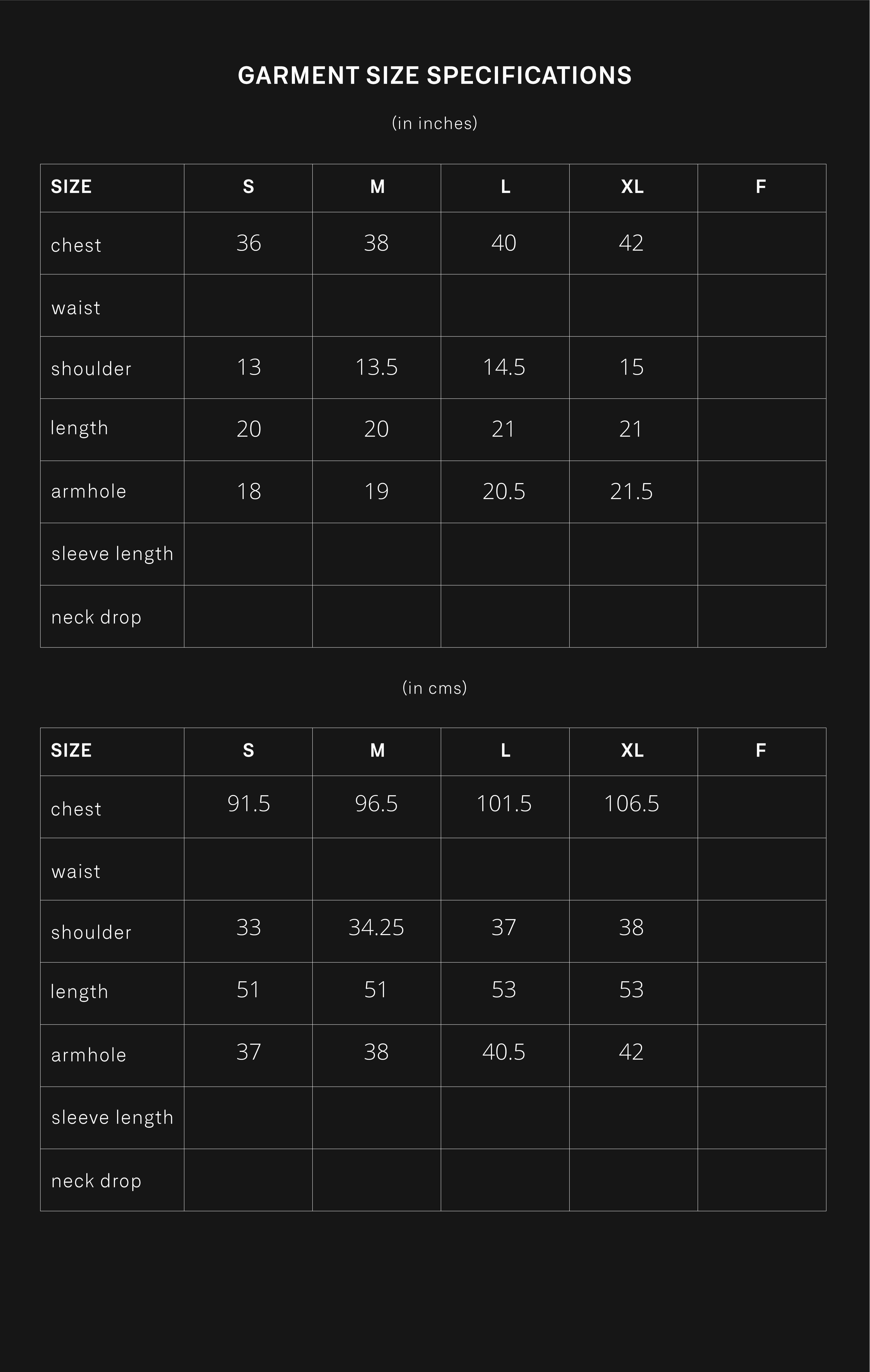 product size chart
