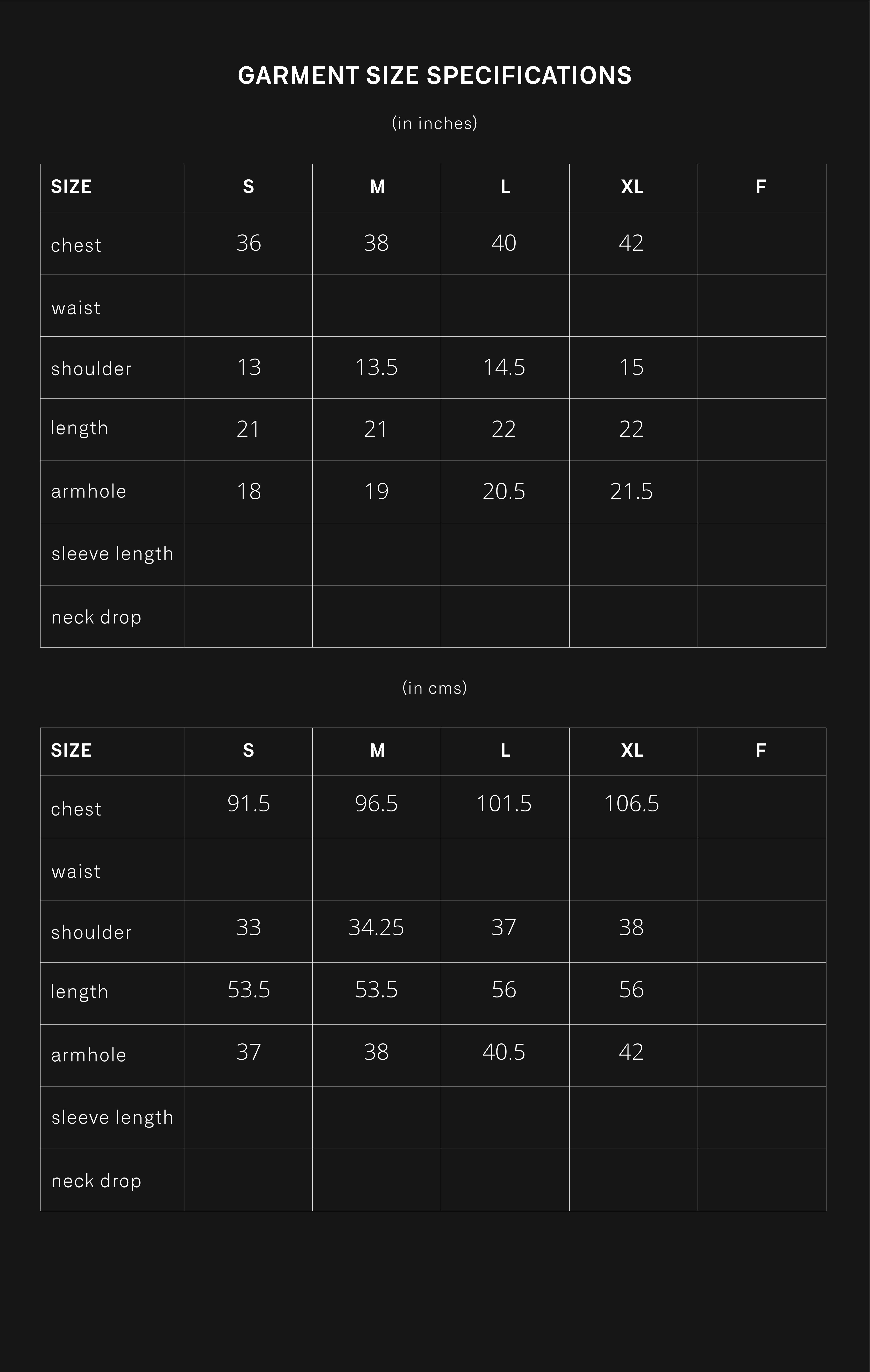 product size chart