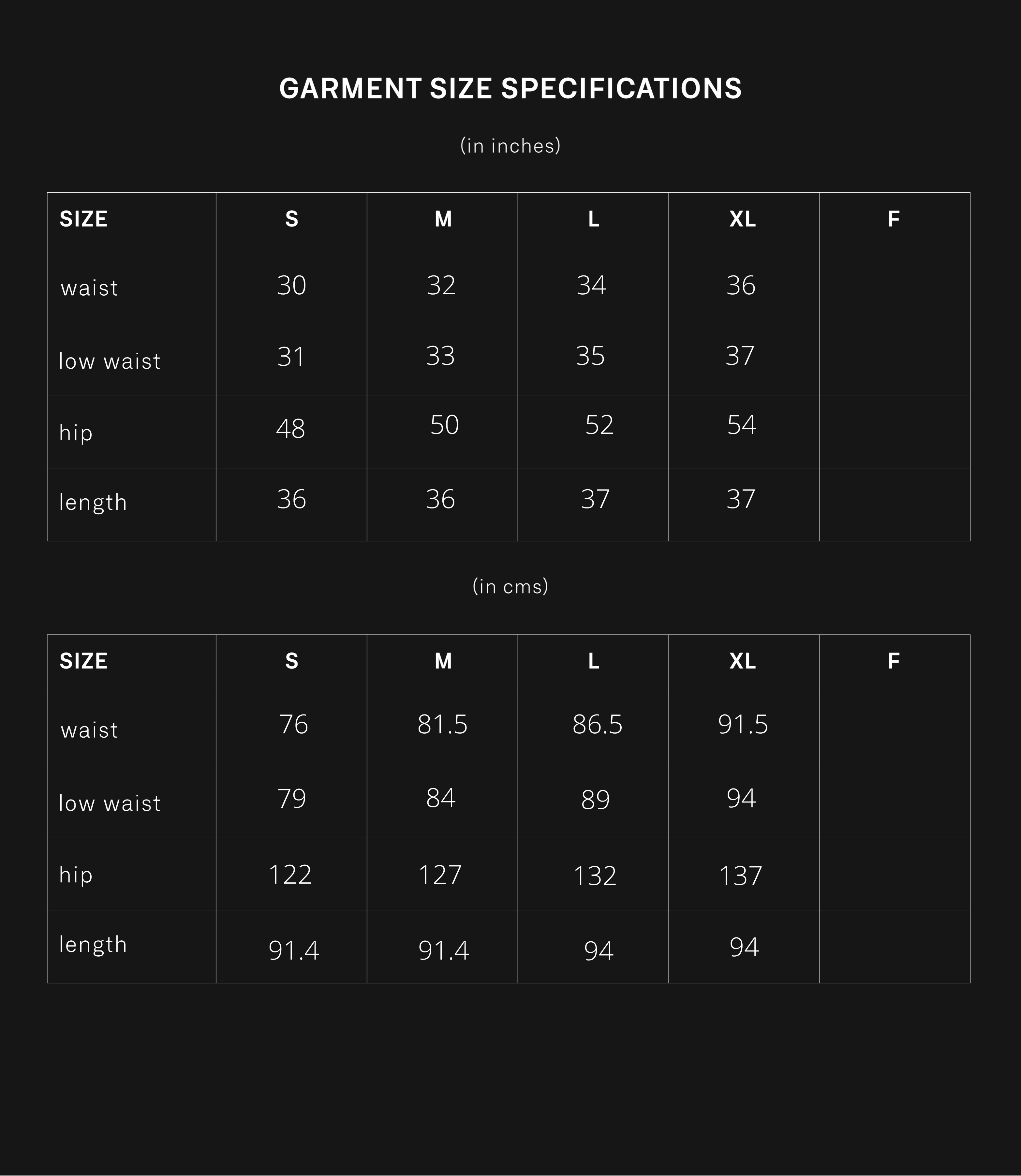 product size chart