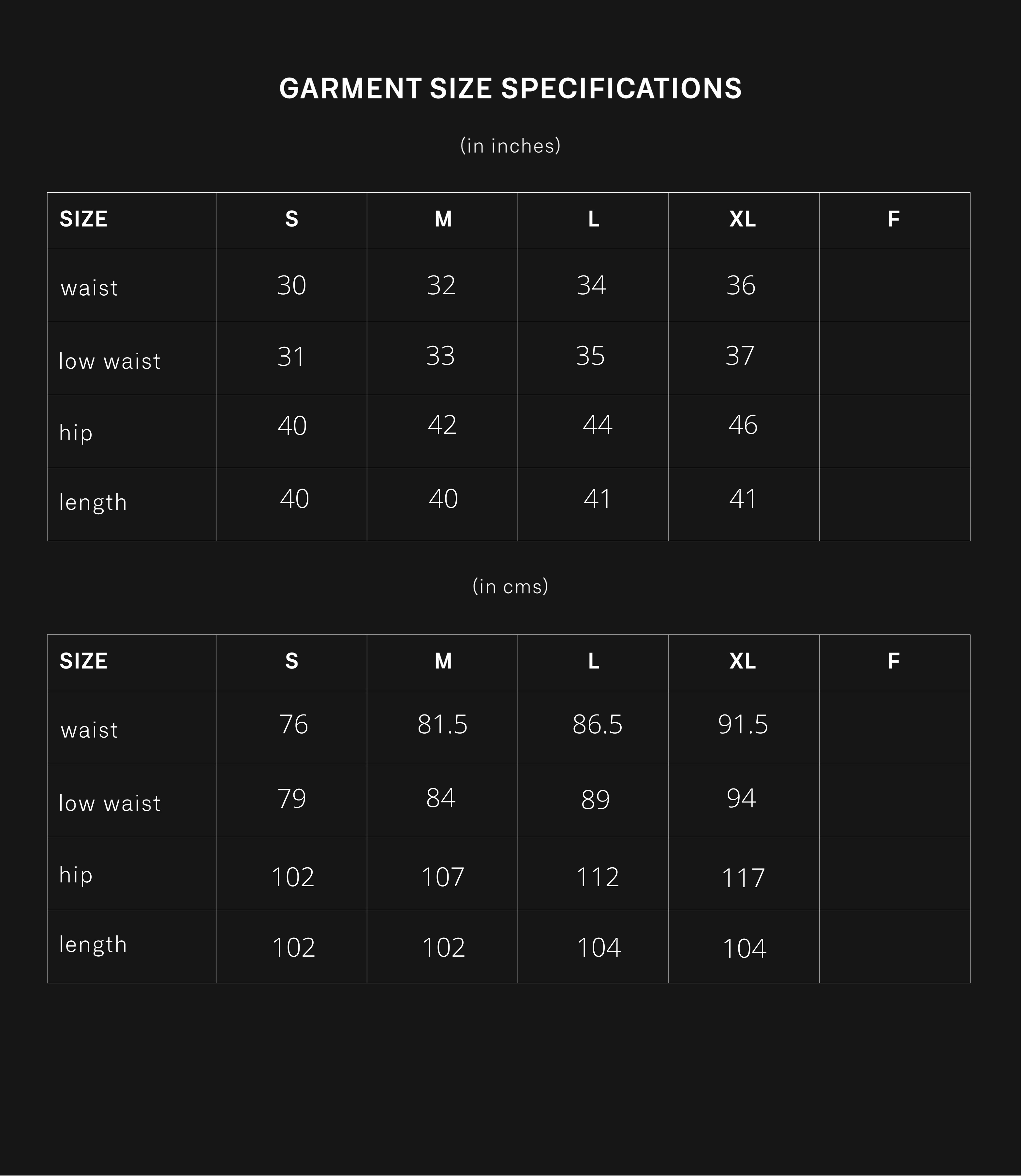 product size chart