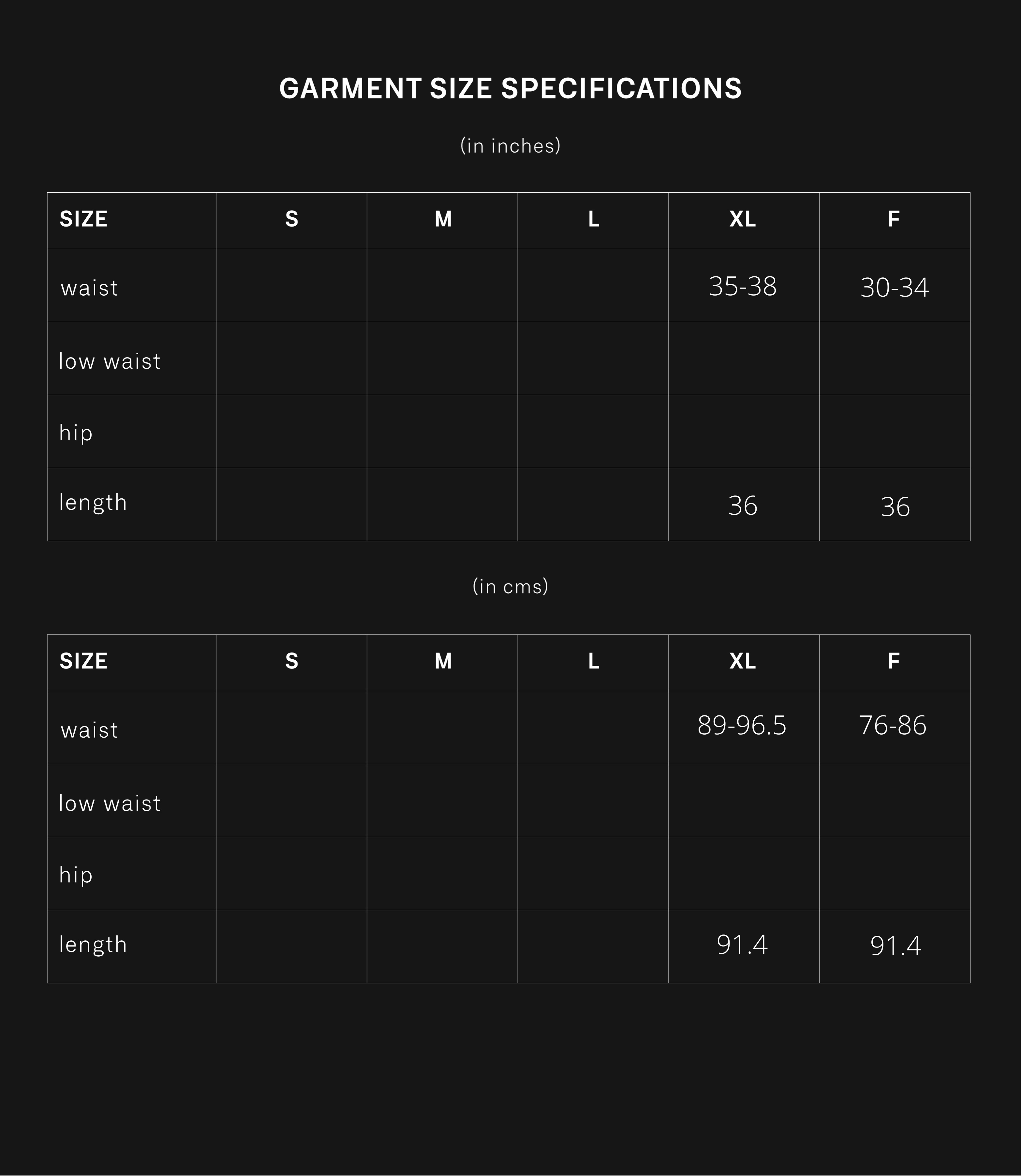 product size chart
