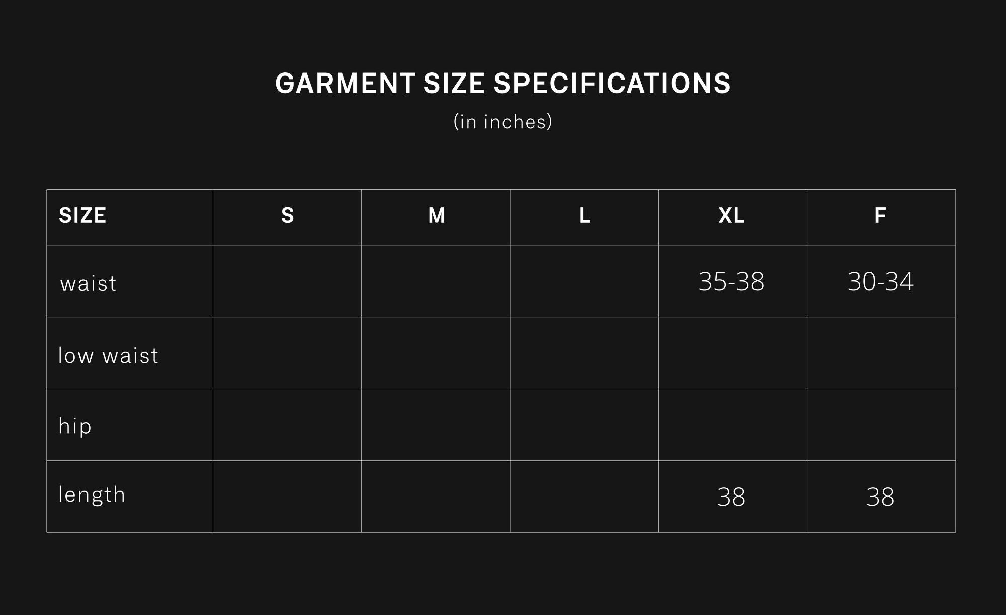 product size chart