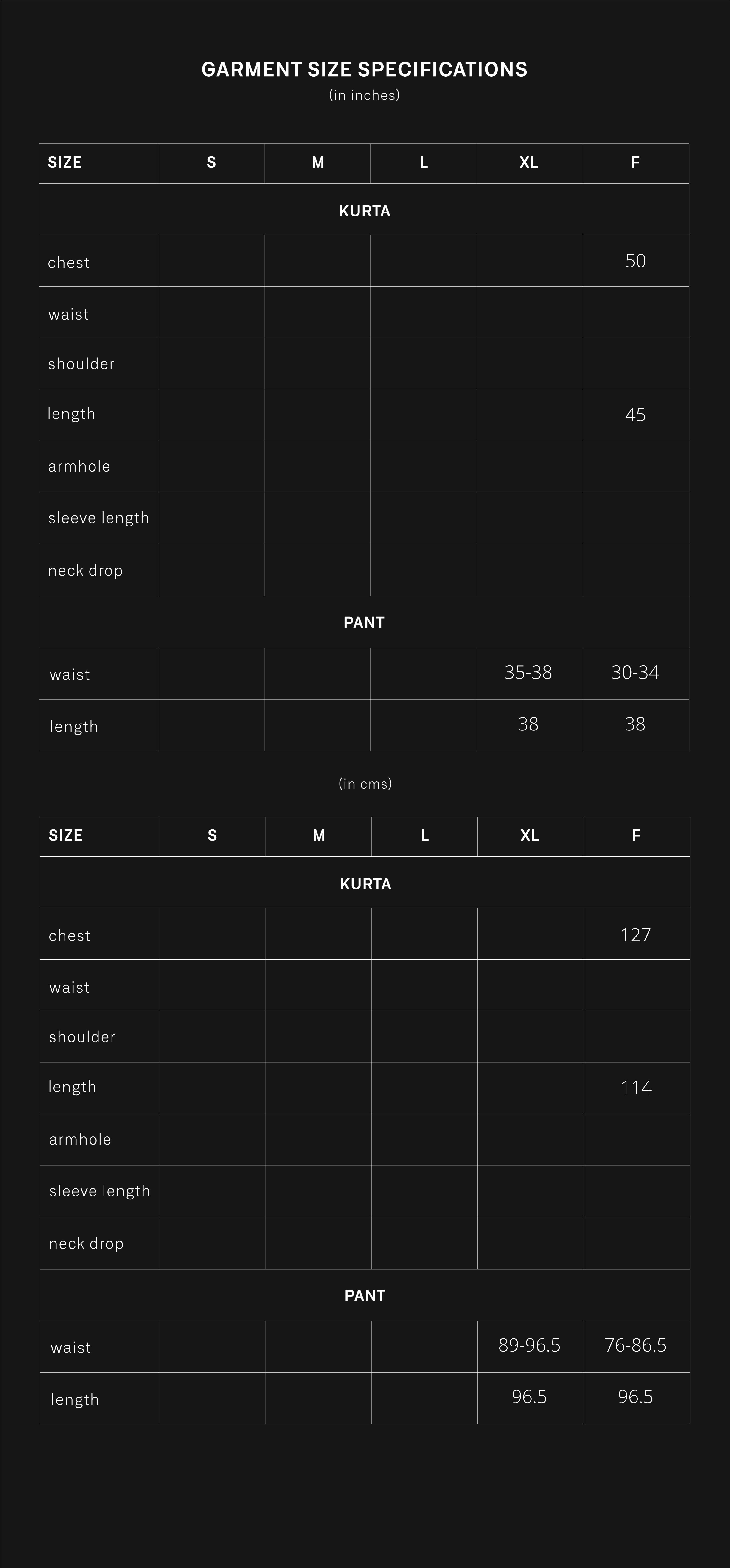 product size chart