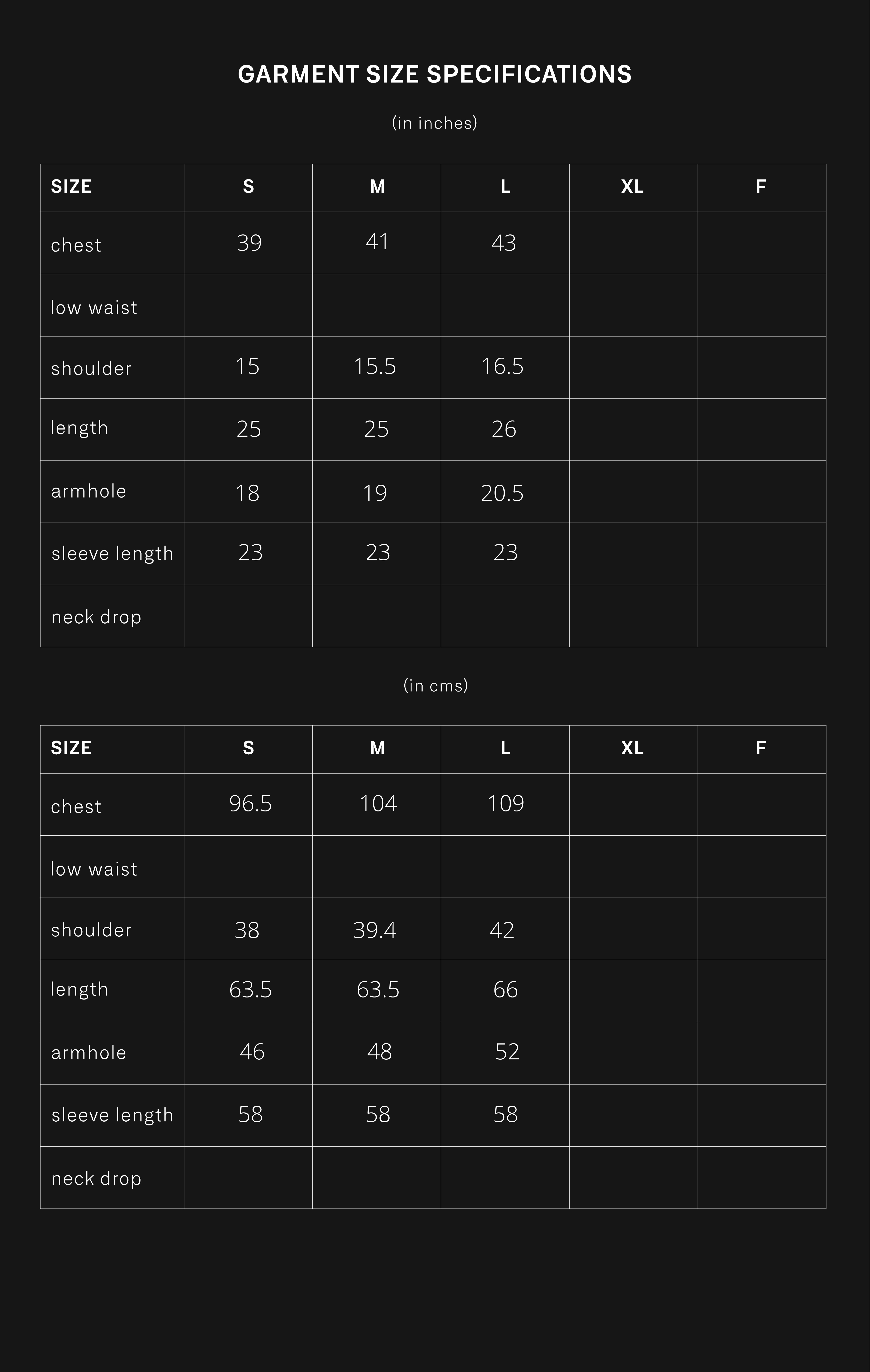 product size chart