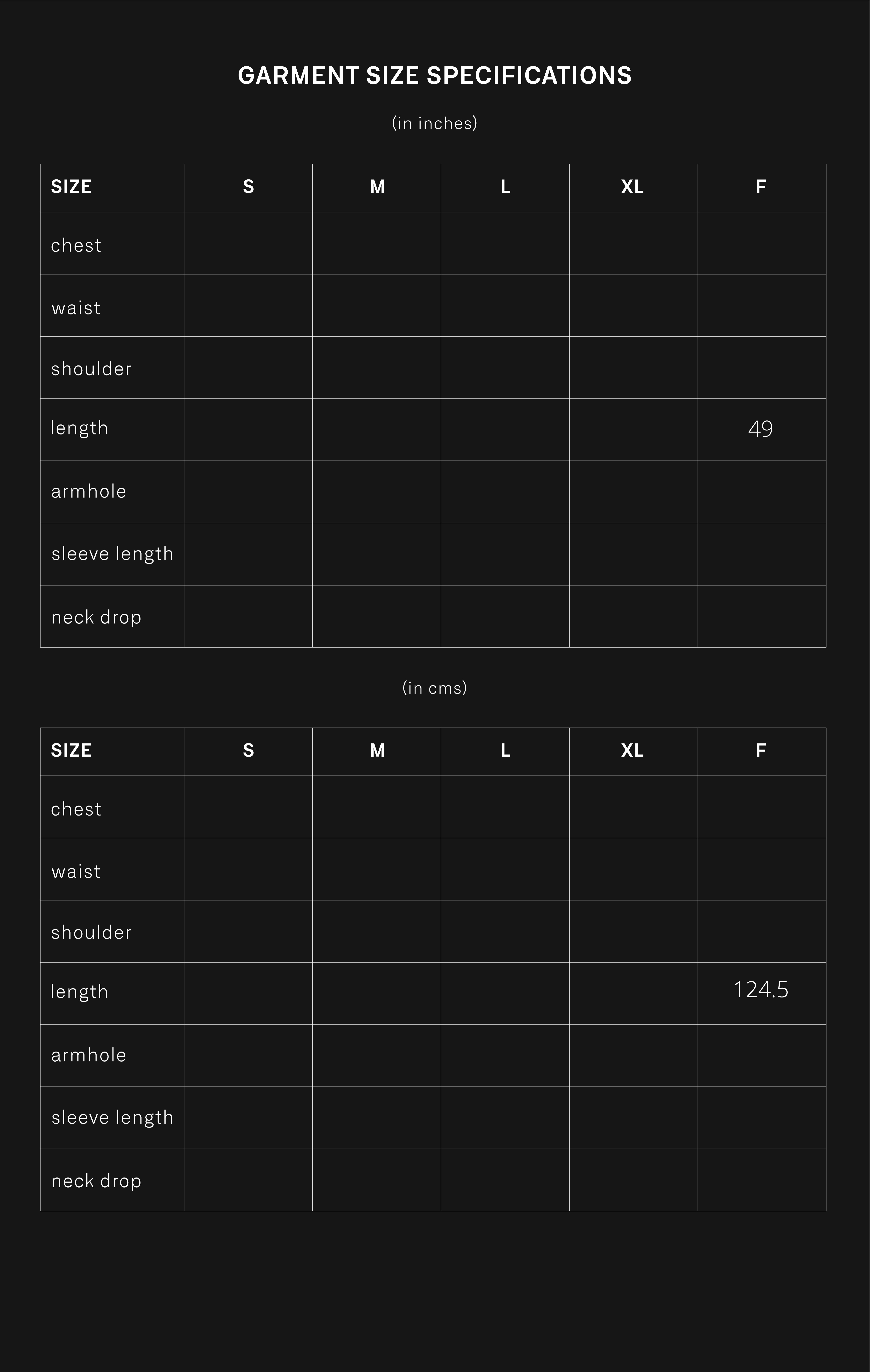 product size chart