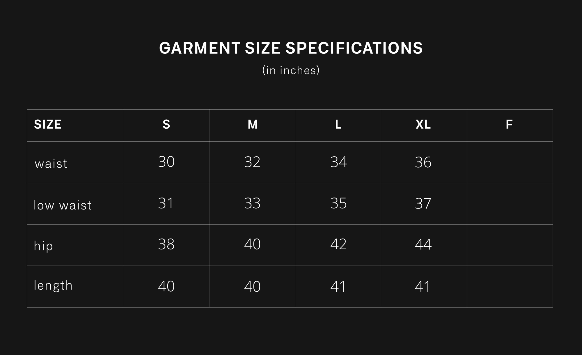 product size chart