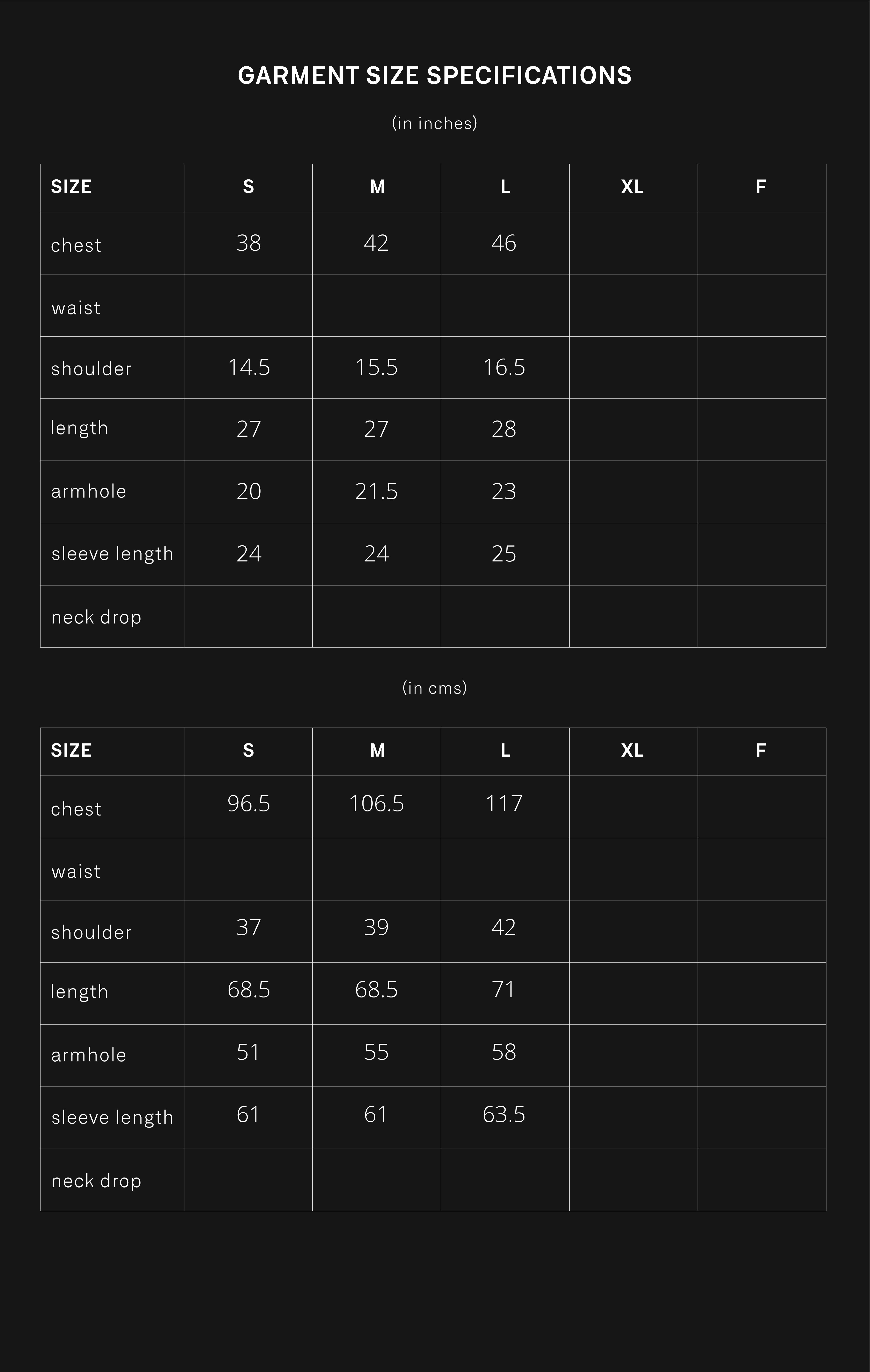 product size chart