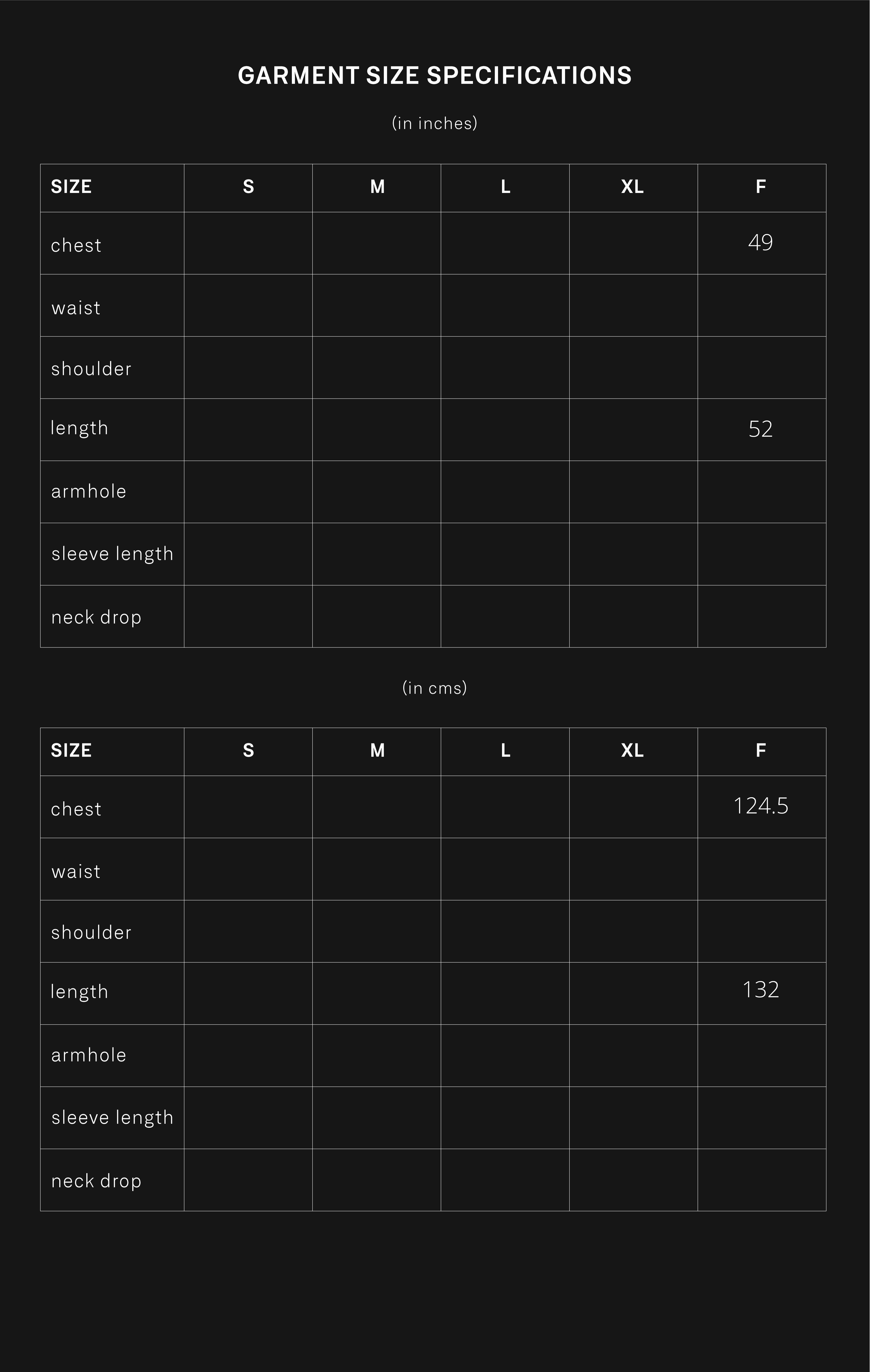 product size chart