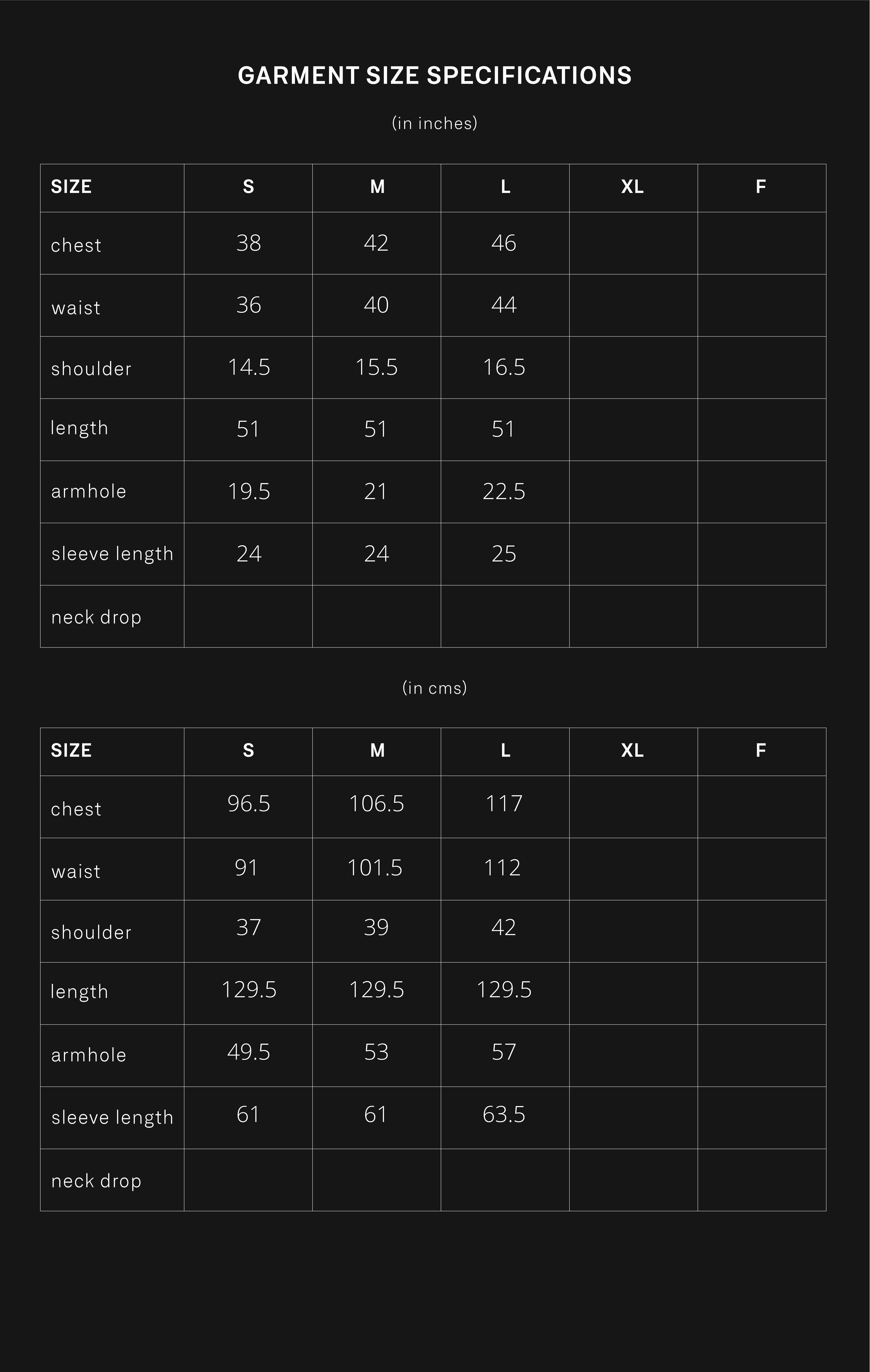 product size chart