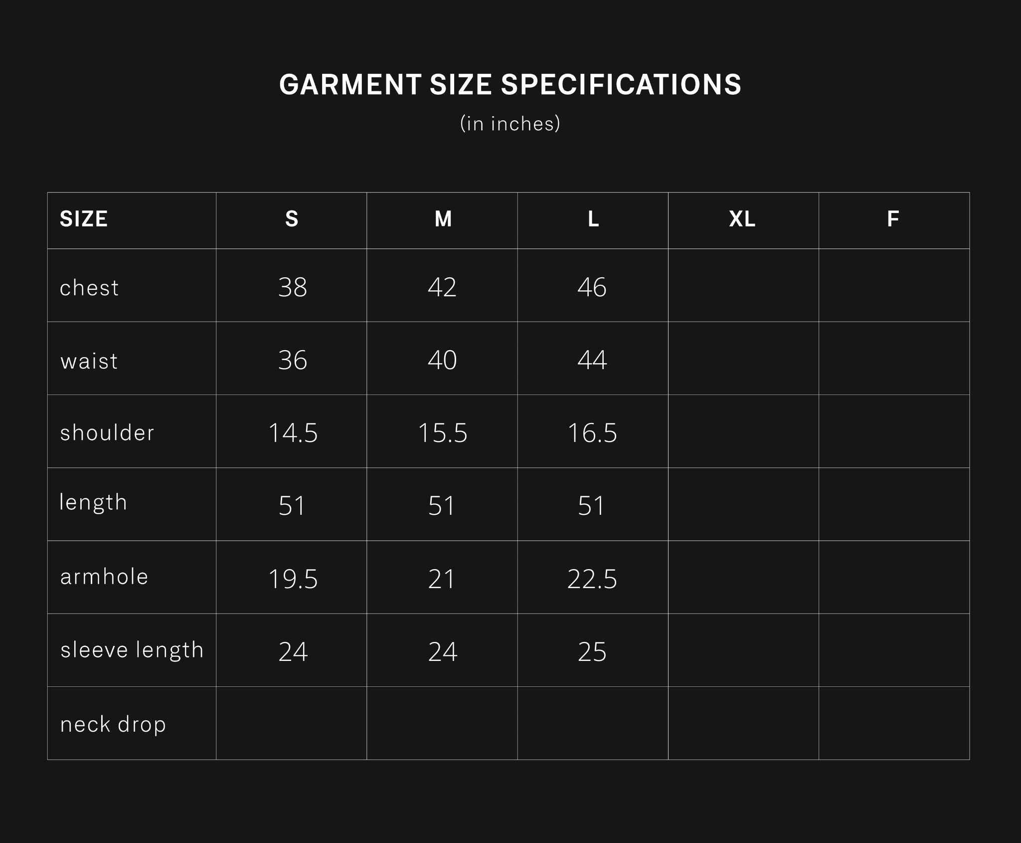 product size chart