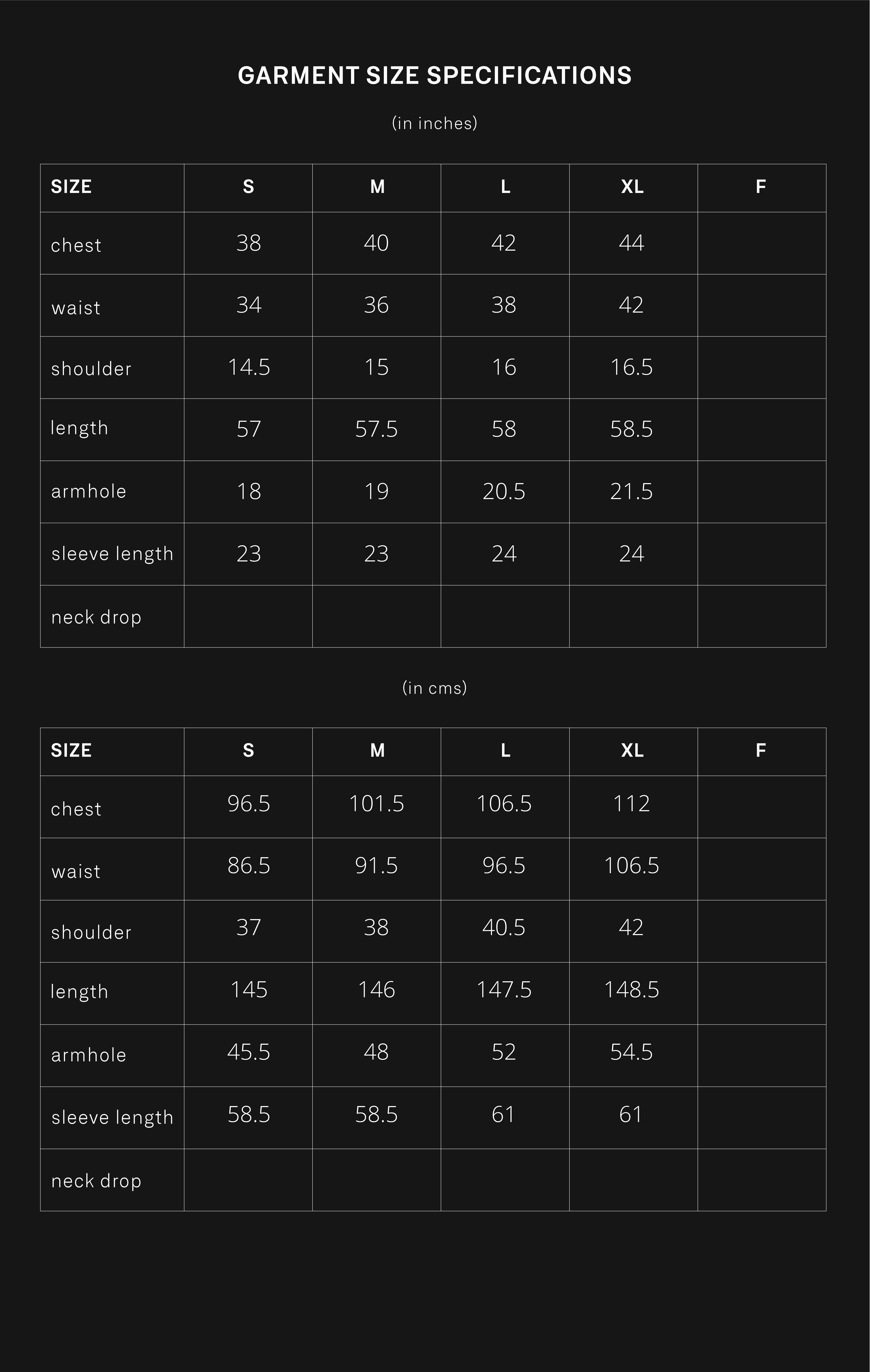 product size chart