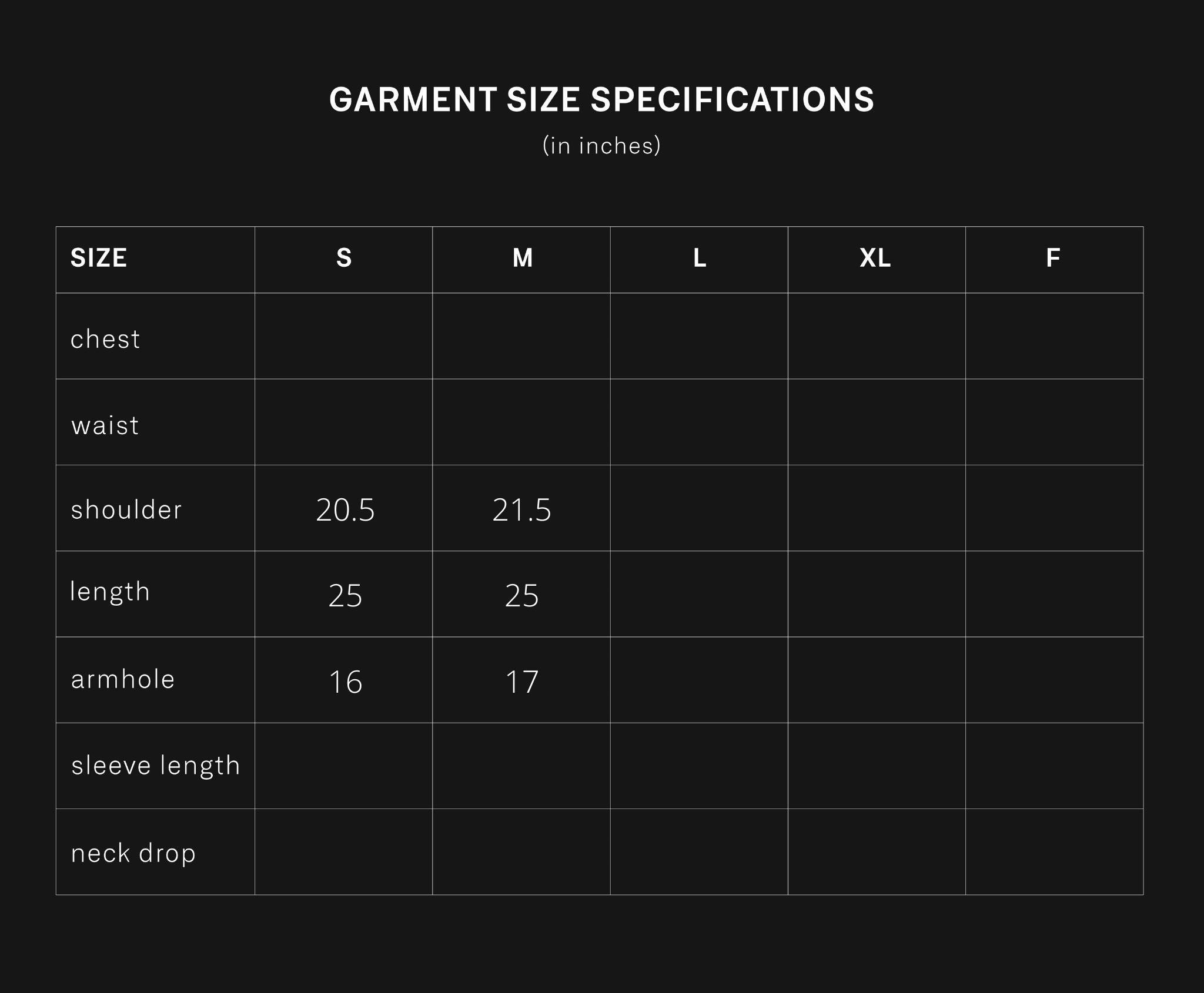 product size chart