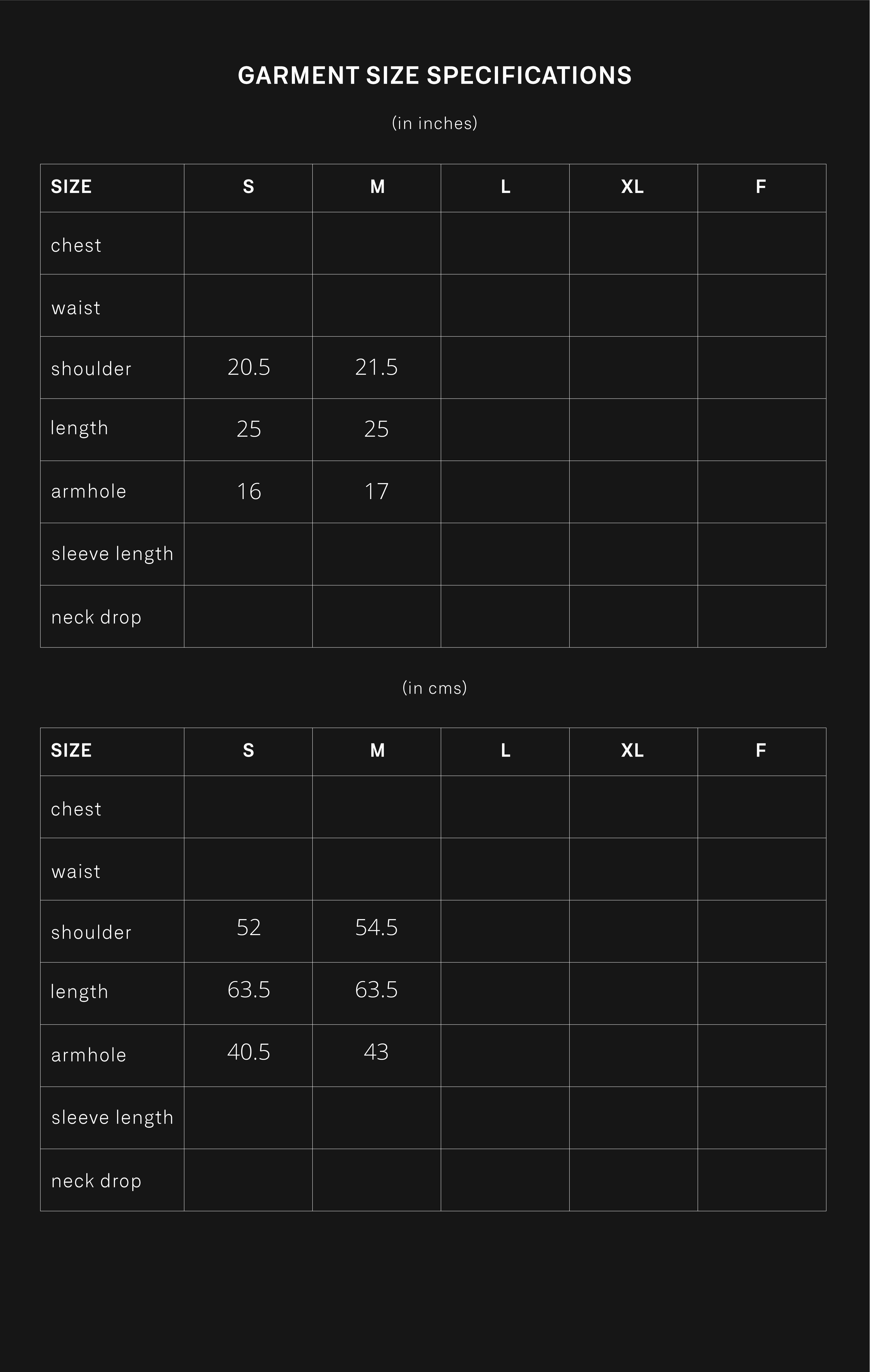 product size chart