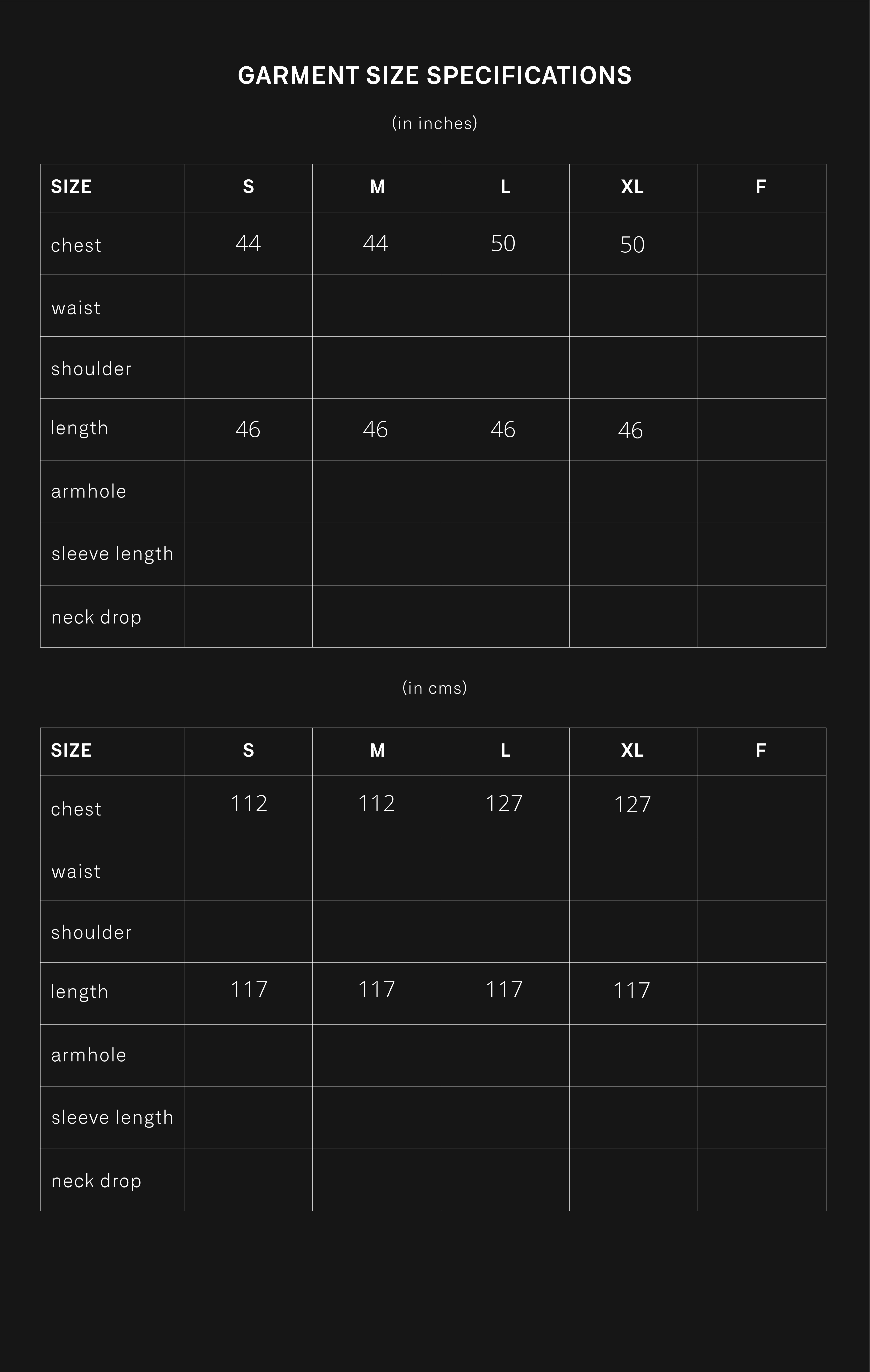 product size chart