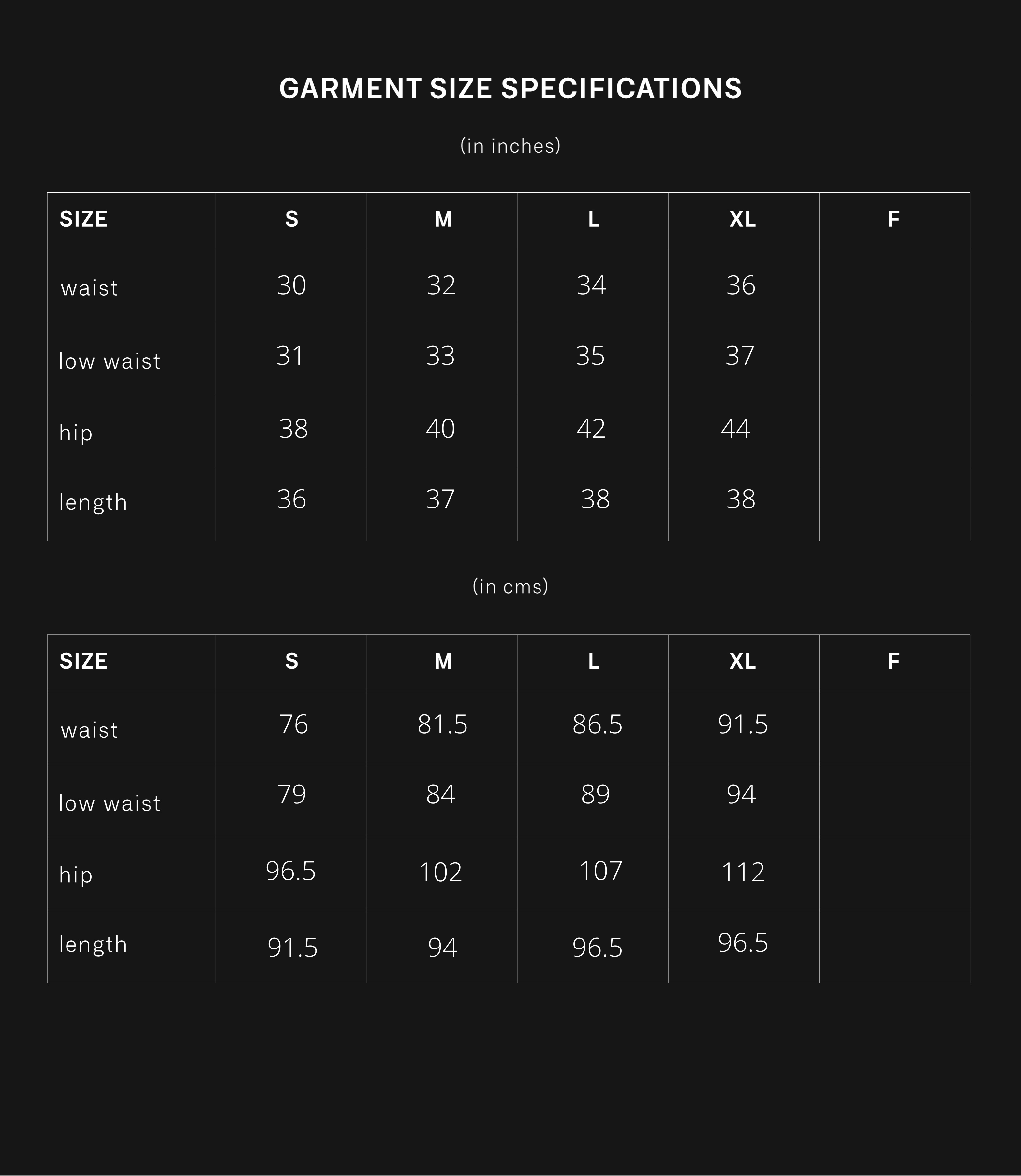 product size chart