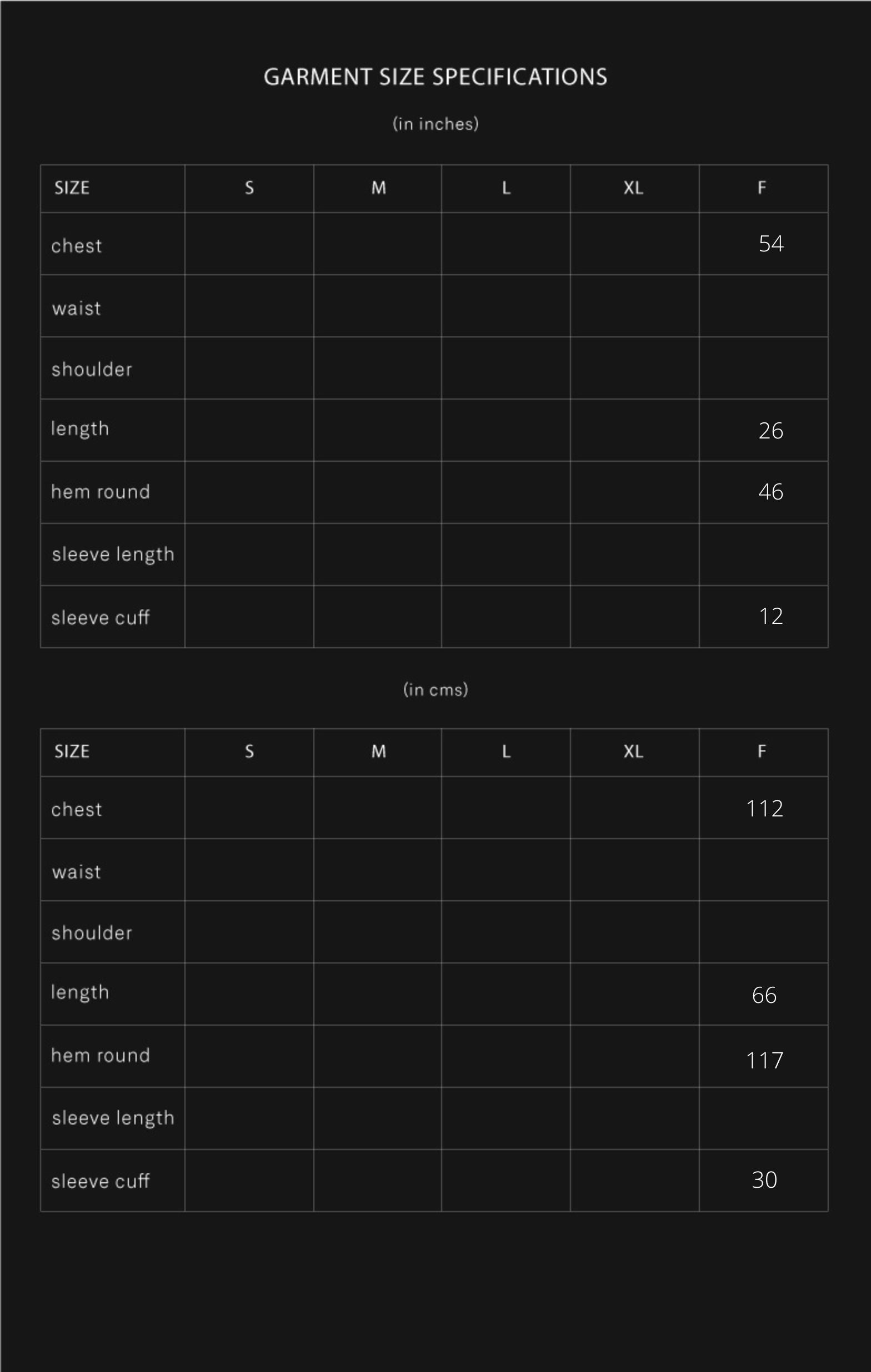 product size chart