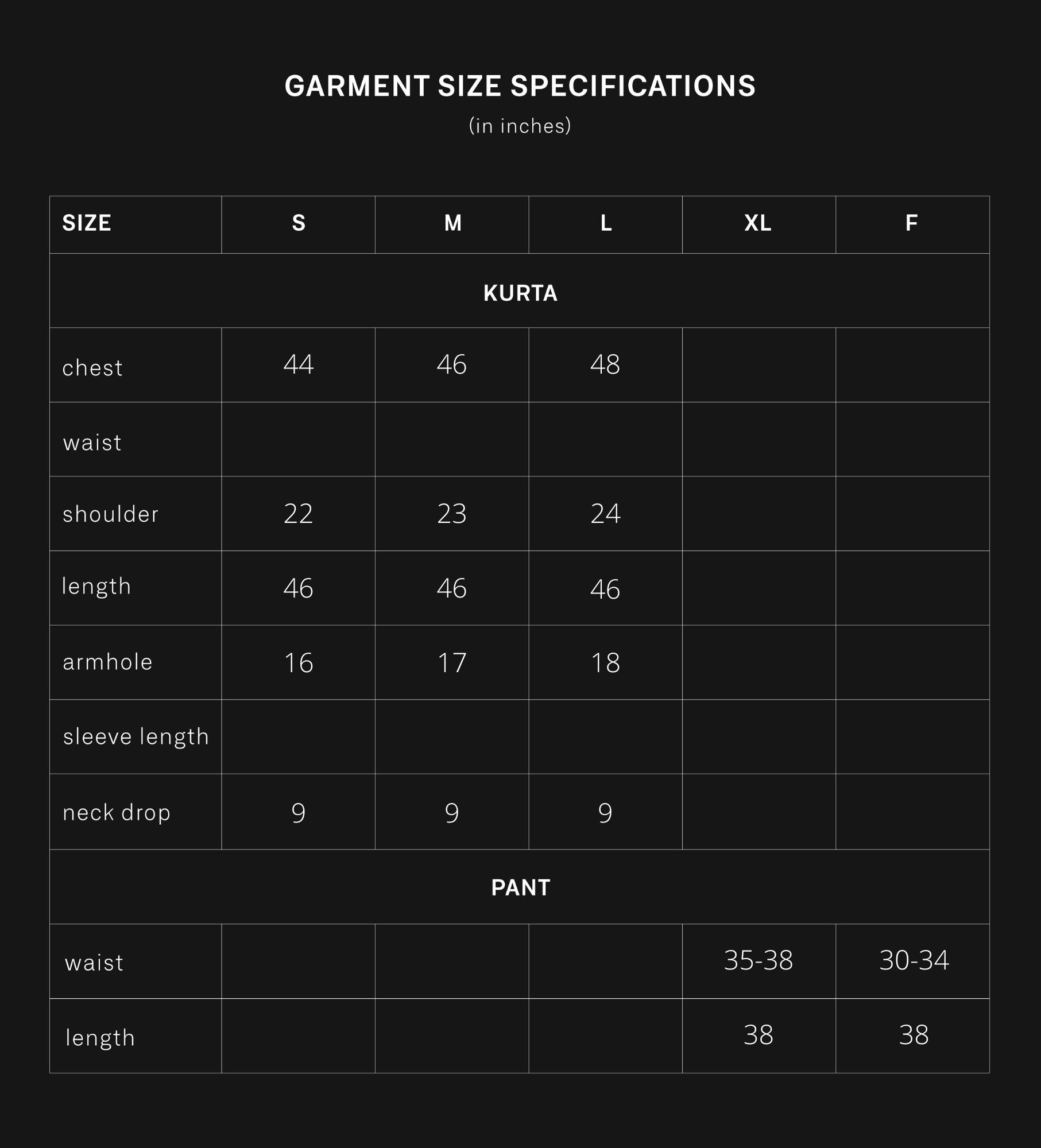 product size chart