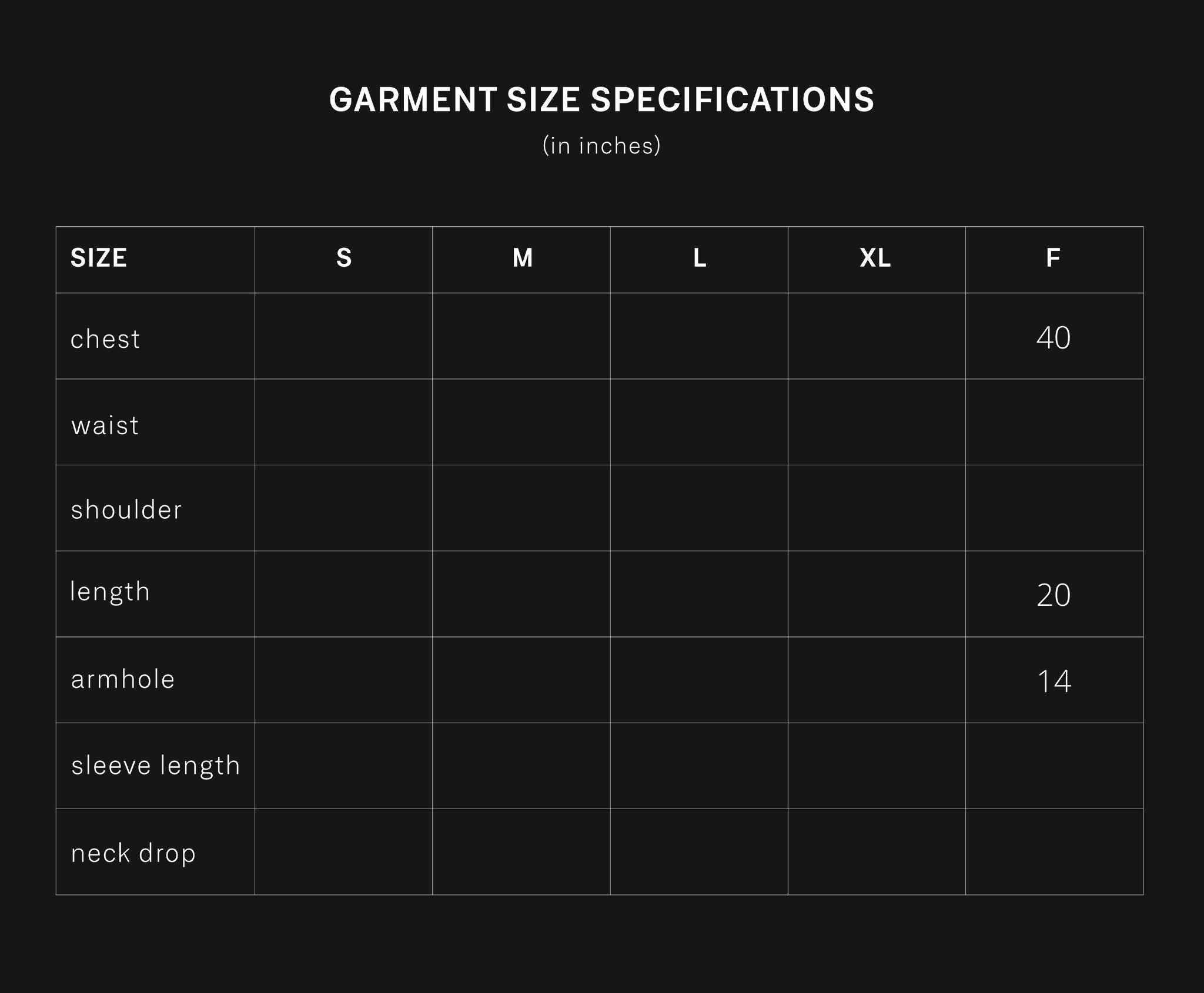 product size chart