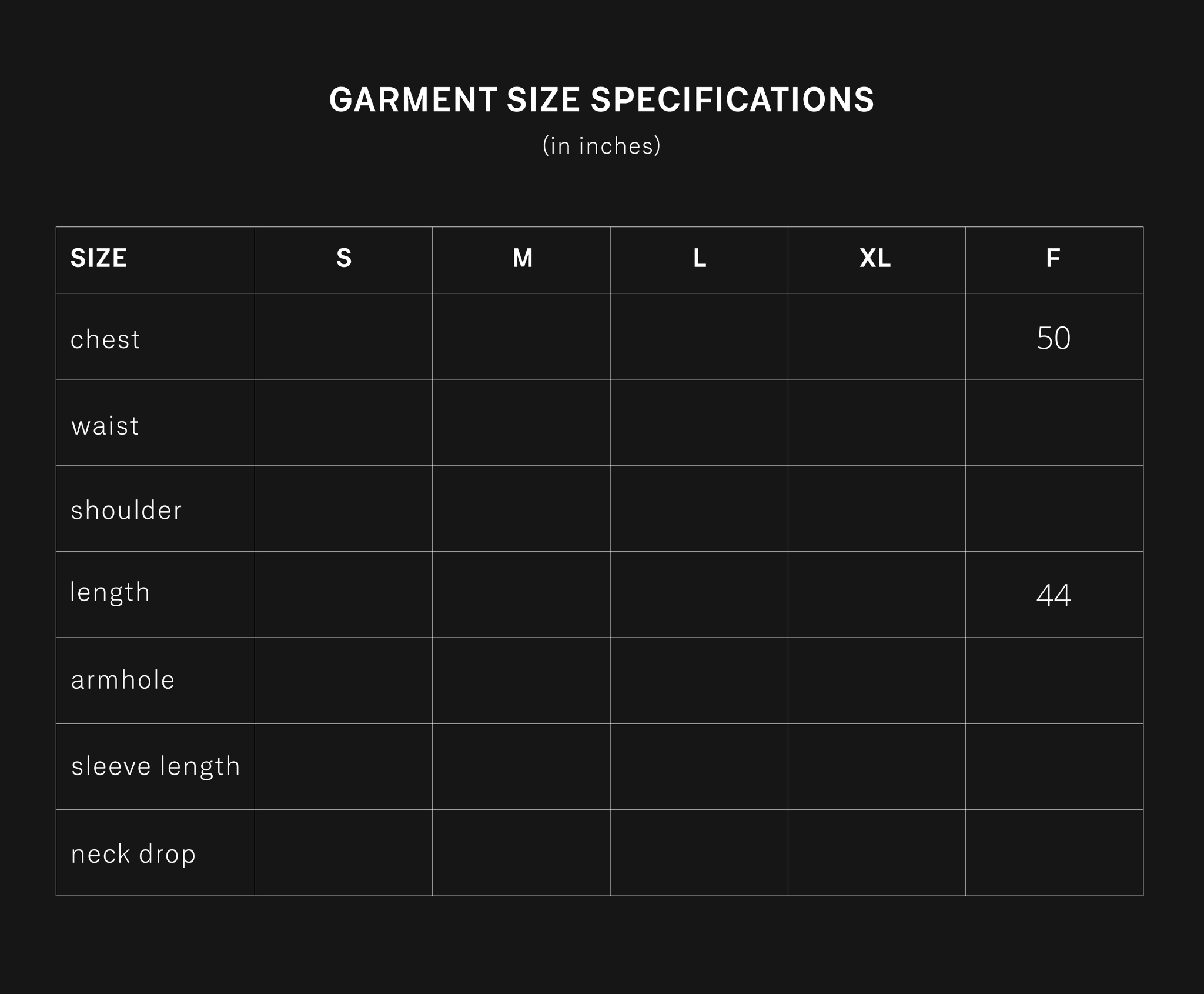 product size chart