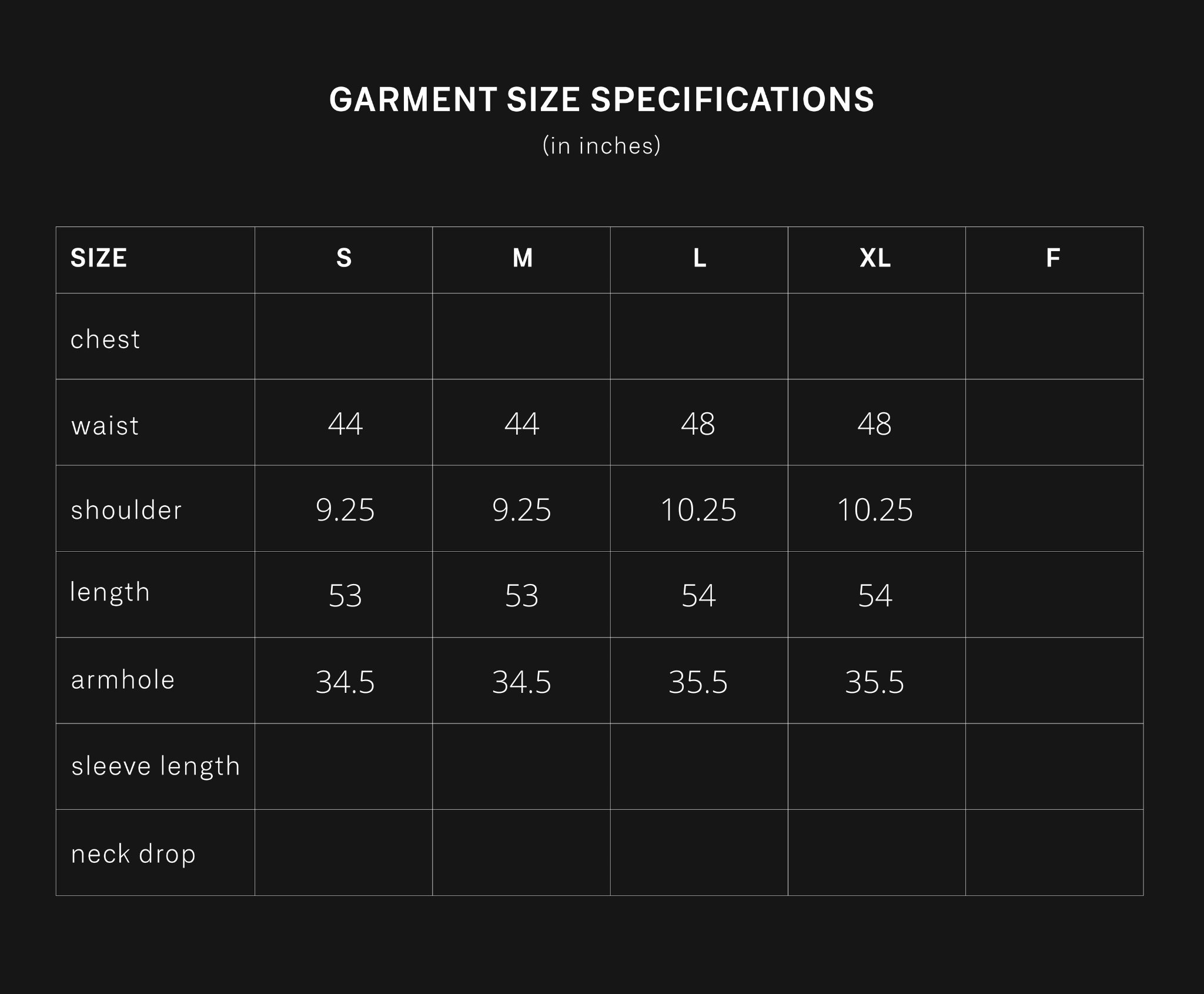 product size chart