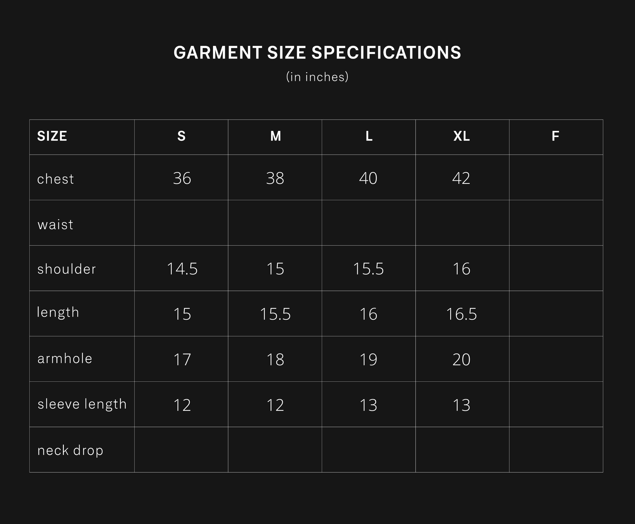 product size chart