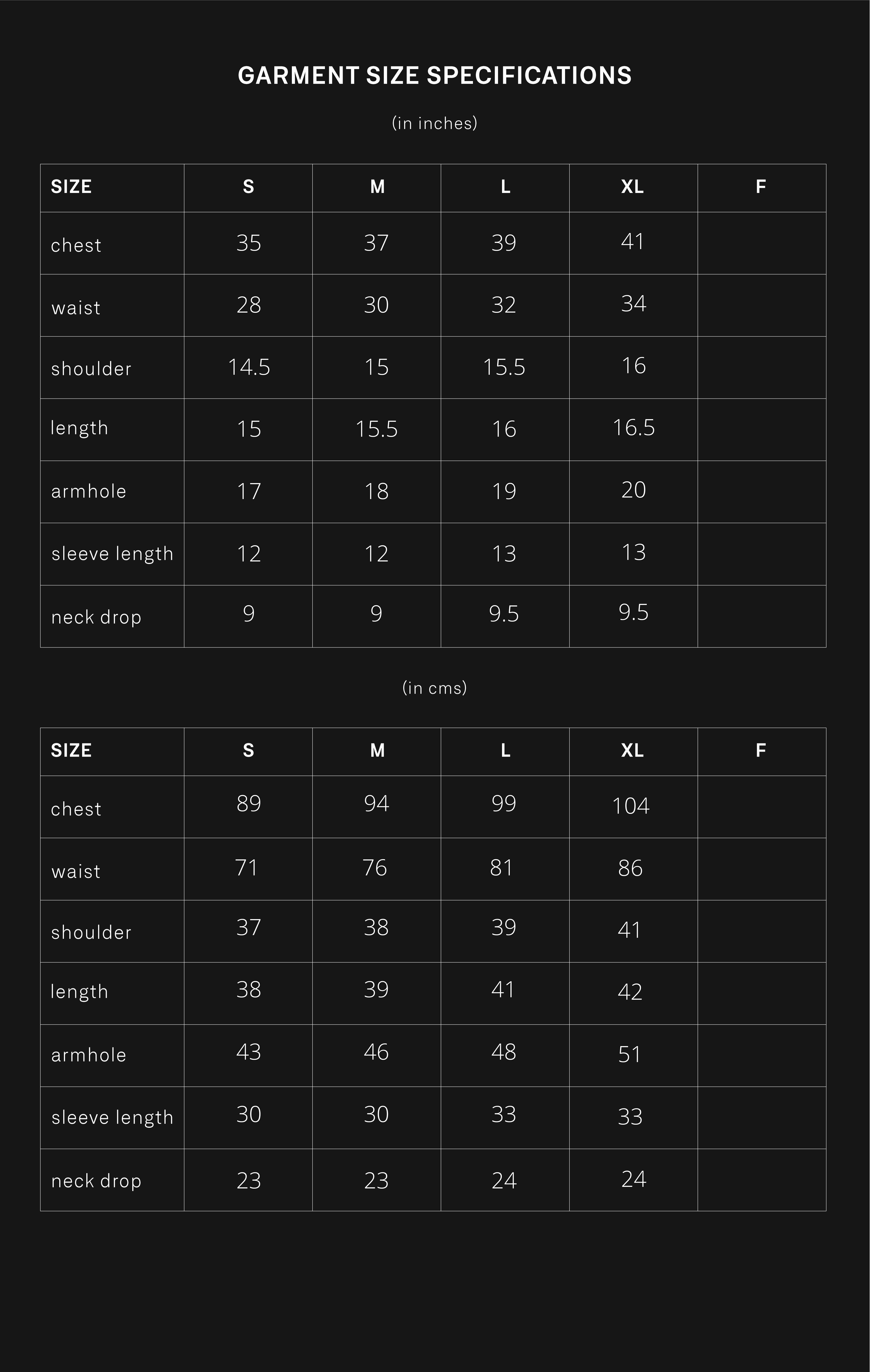 product size chart