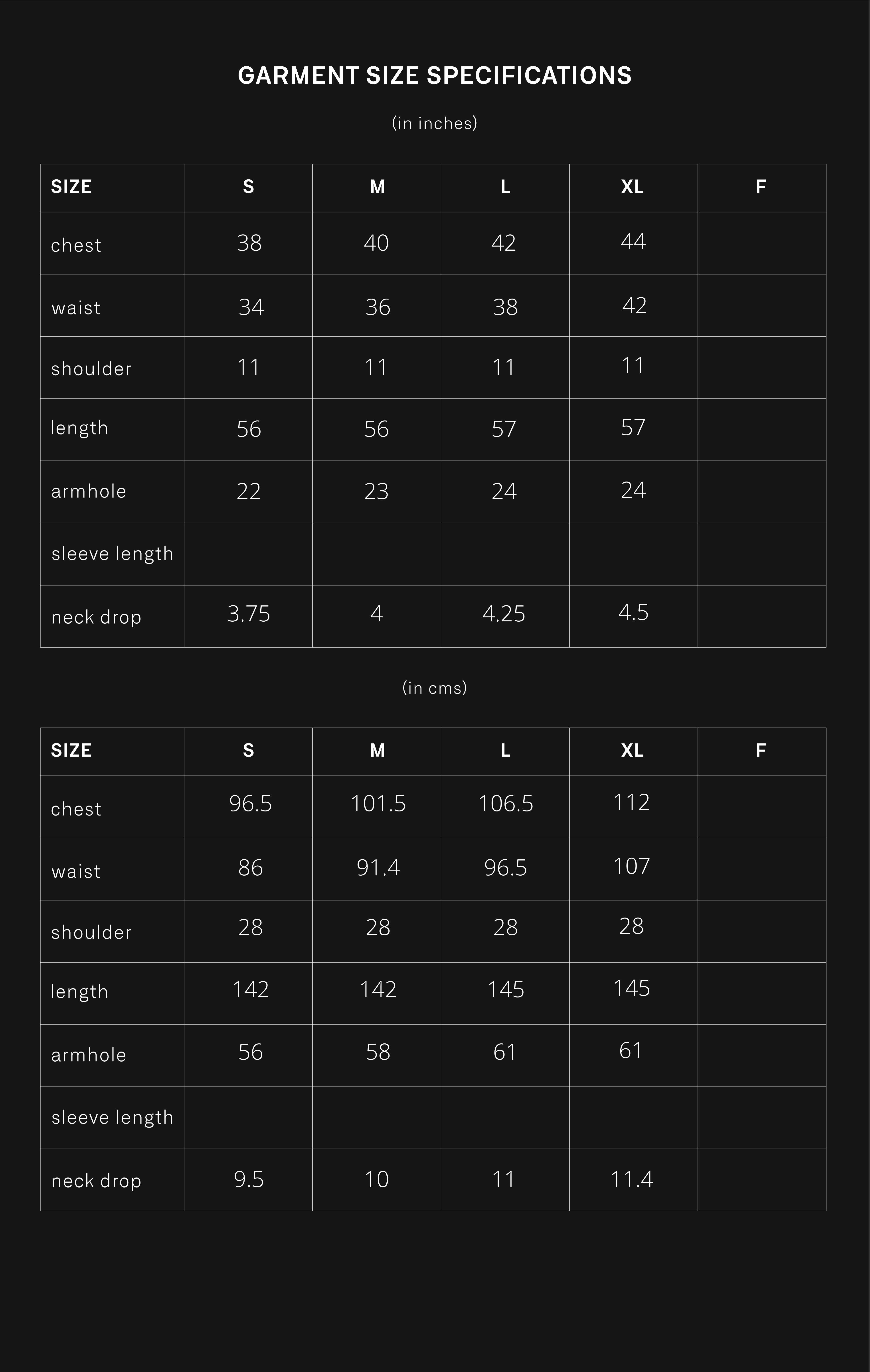 product size chart