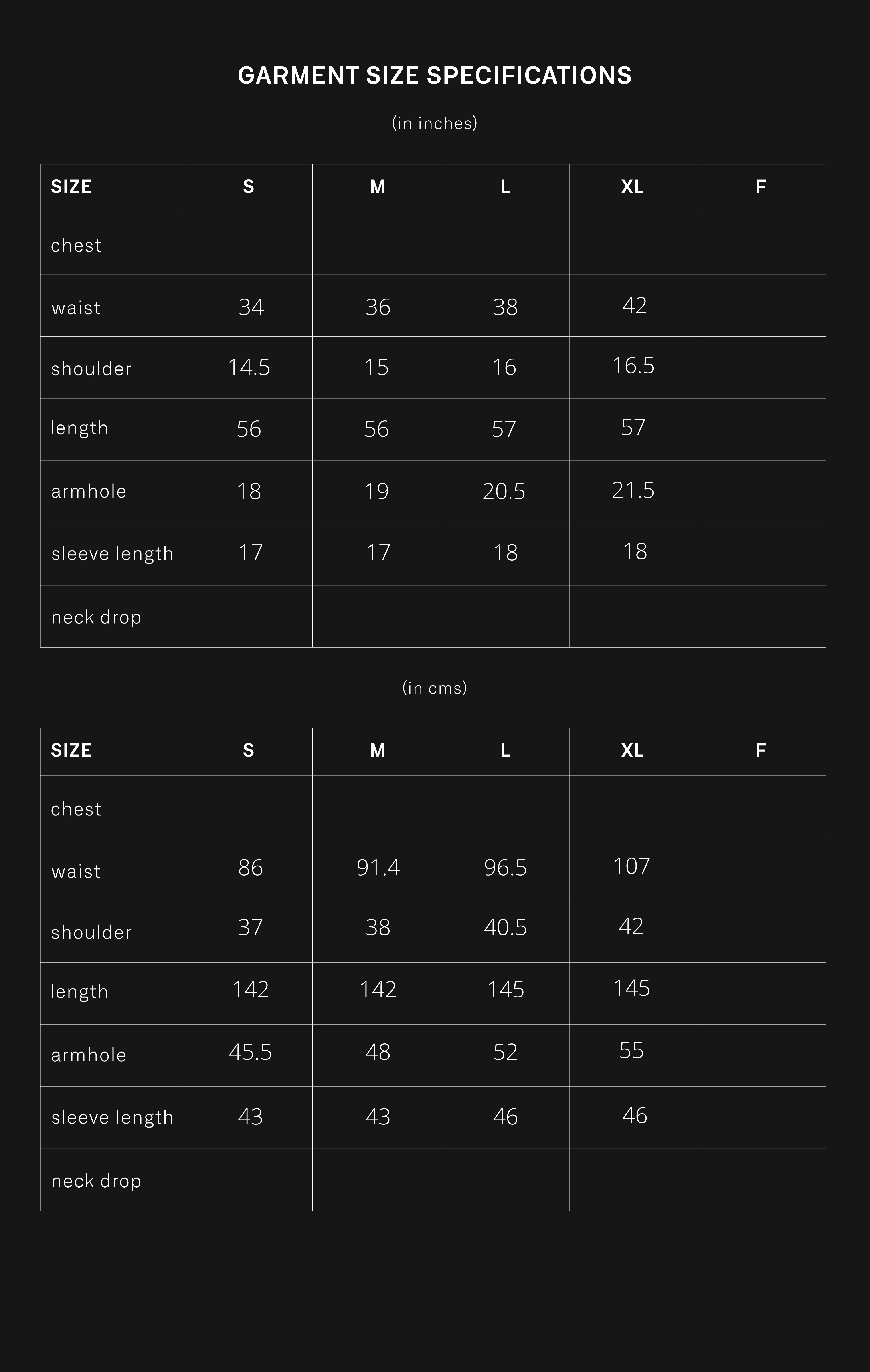 product size chart