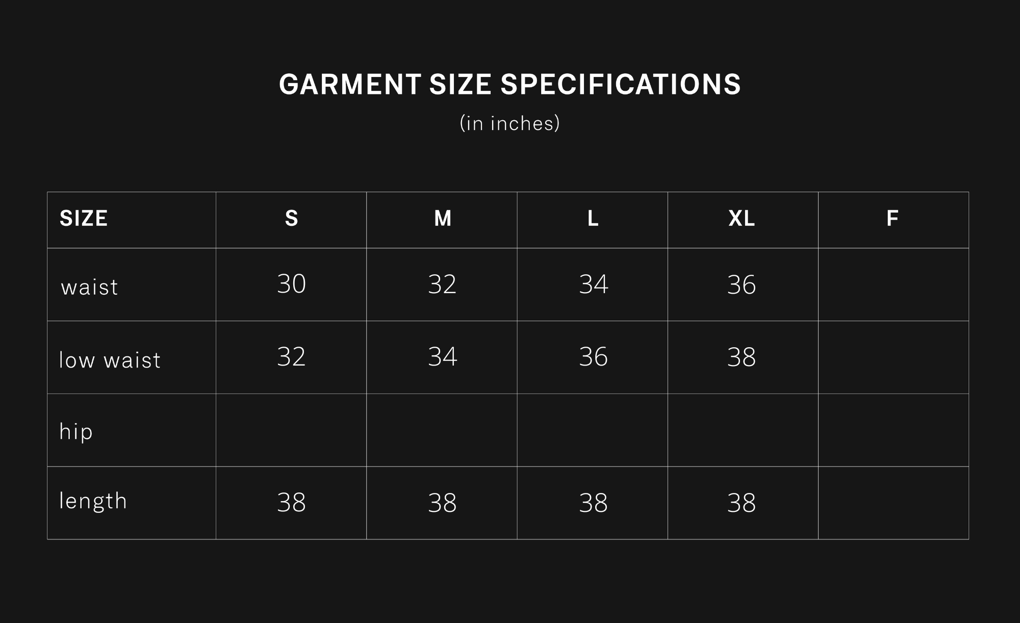 product size chart